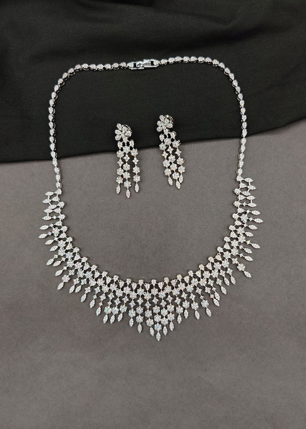 Silver Finish Adjustable Cubic Zircon  Fringe Necklace Set