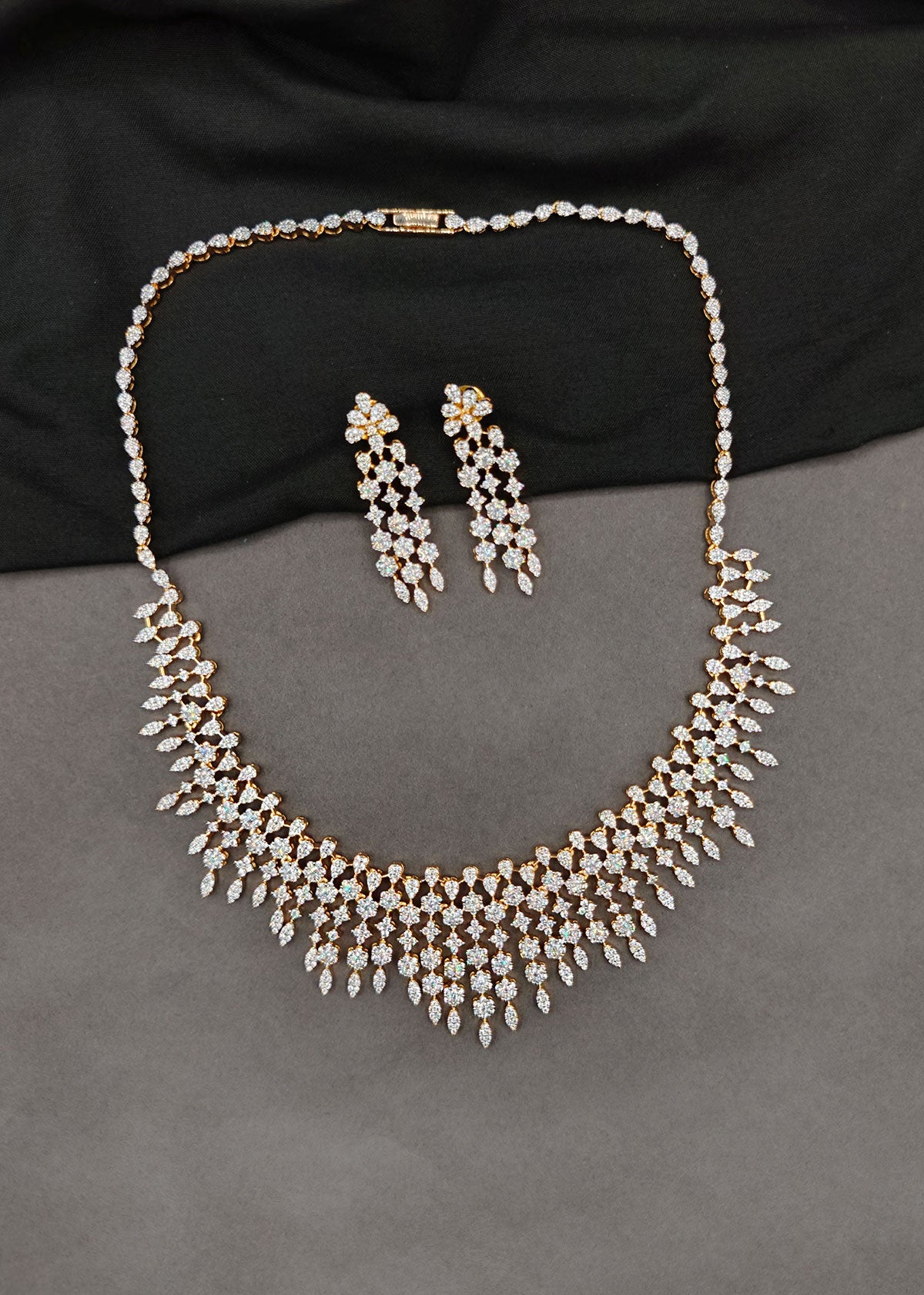 Silver Finish Adjustable Cubic Zircon  Fringe Necklace Set