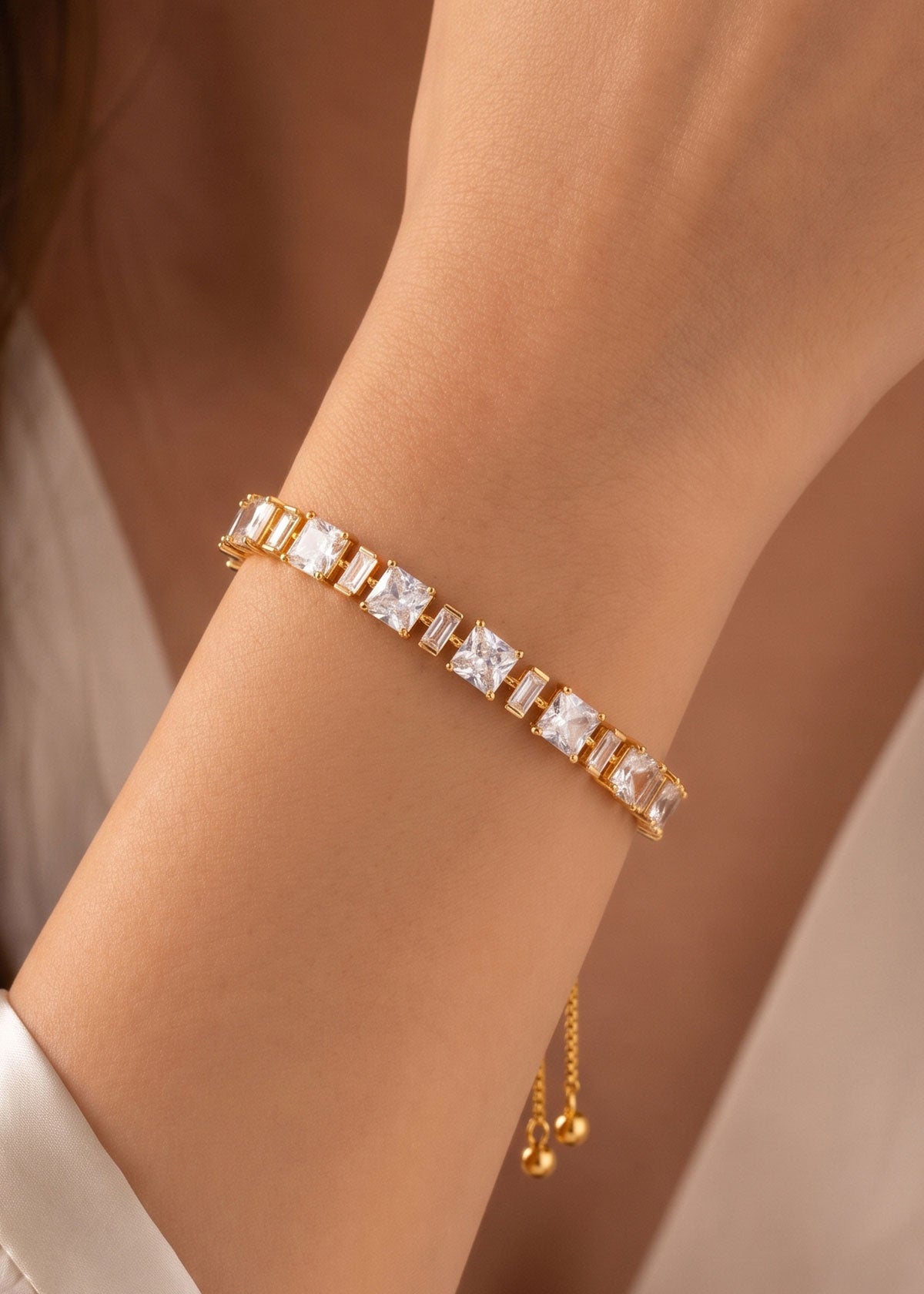 Baguette & Square Cut Cubic Zircon Adjustable Slider Loose Bracelet For Women