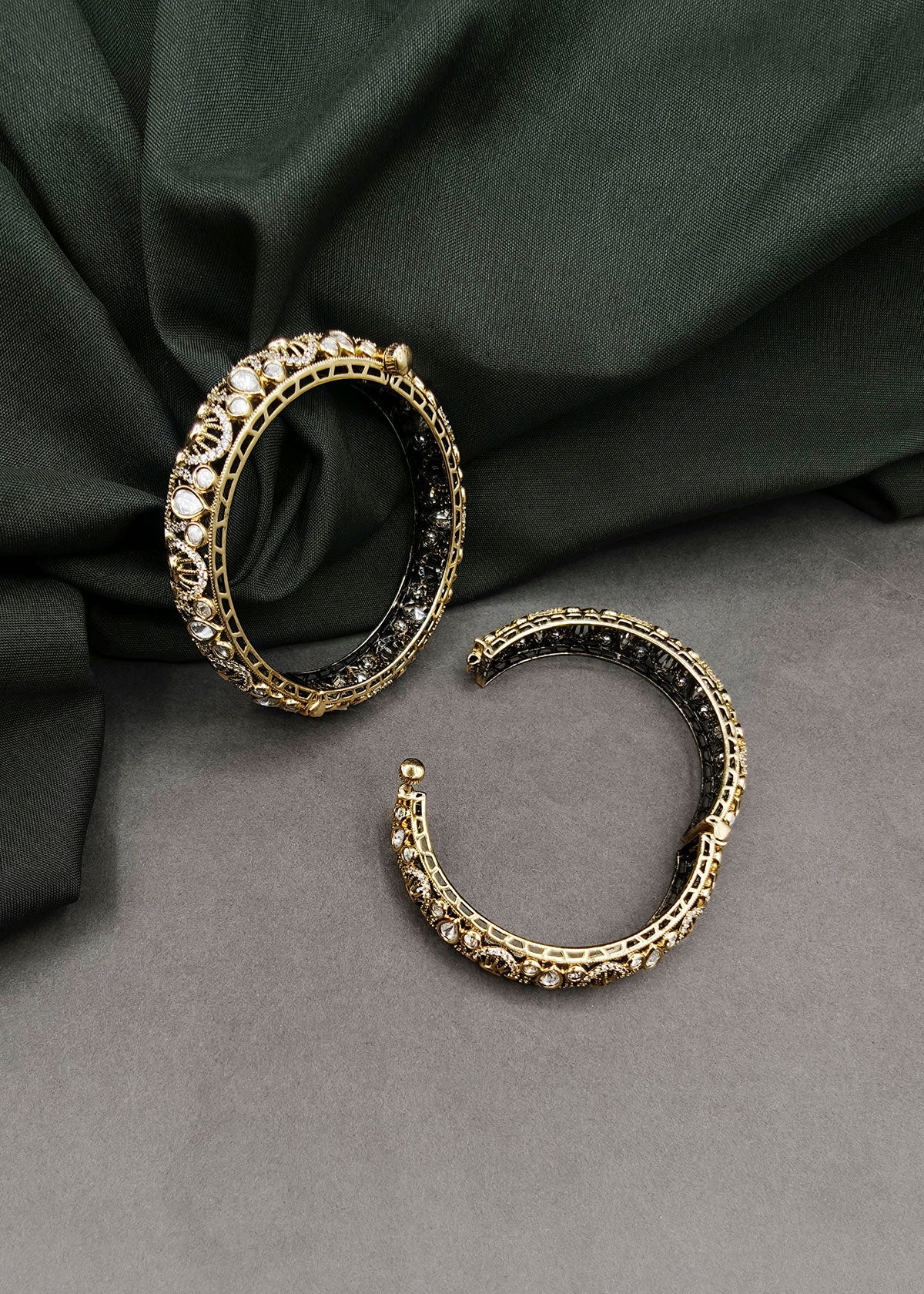 Intricate Jaali Work Kundan Polki & Zircon Openable Kada Bangles For Women (Pair)