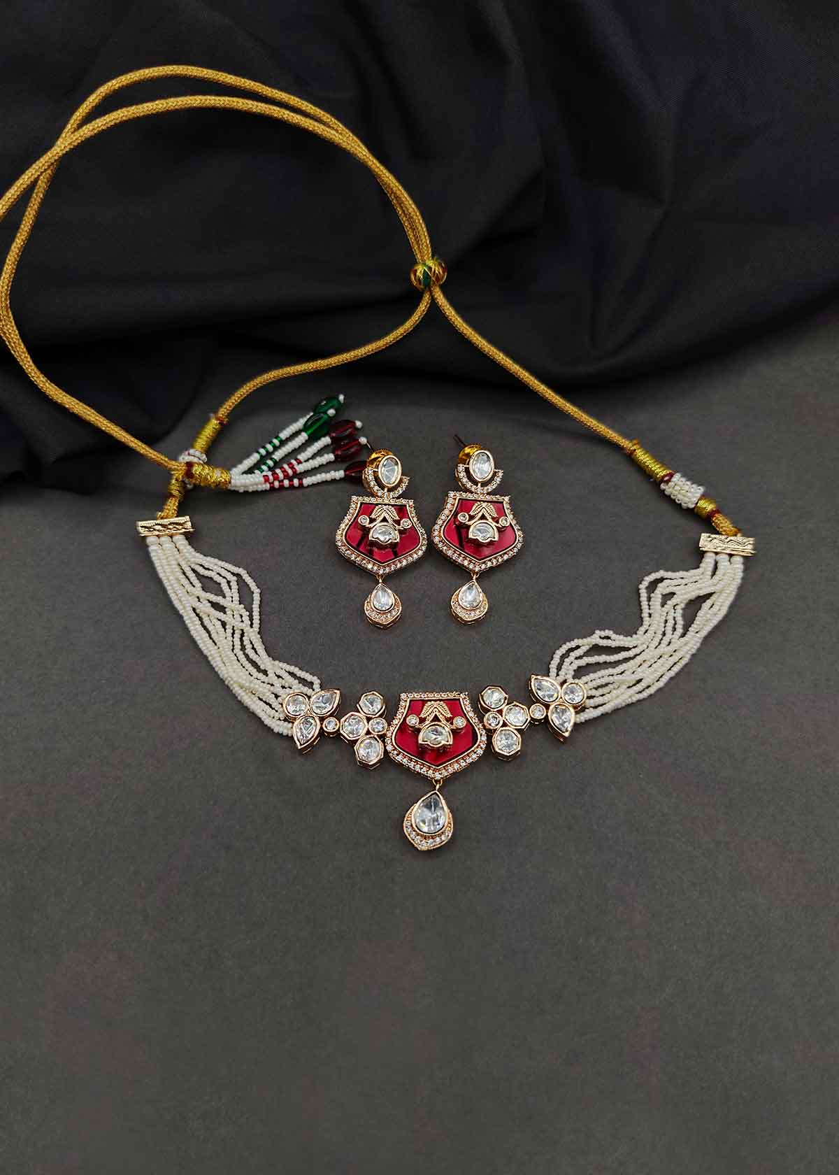 Royal Kundan & Zircon Short Adjustable Choker Necklace Set With Pearls For Women