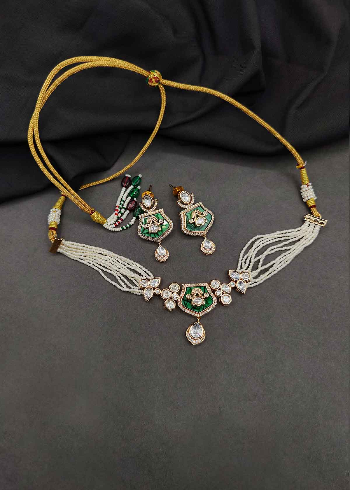 Royal Kundan & Zircon Short Adjustable Choker Necklace Set With Pearls For Women