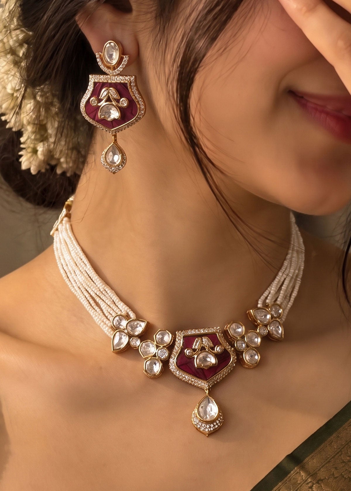 Royal Kundan & Zircon Short Adjustable Choker Necklace Set With Pearls For Women