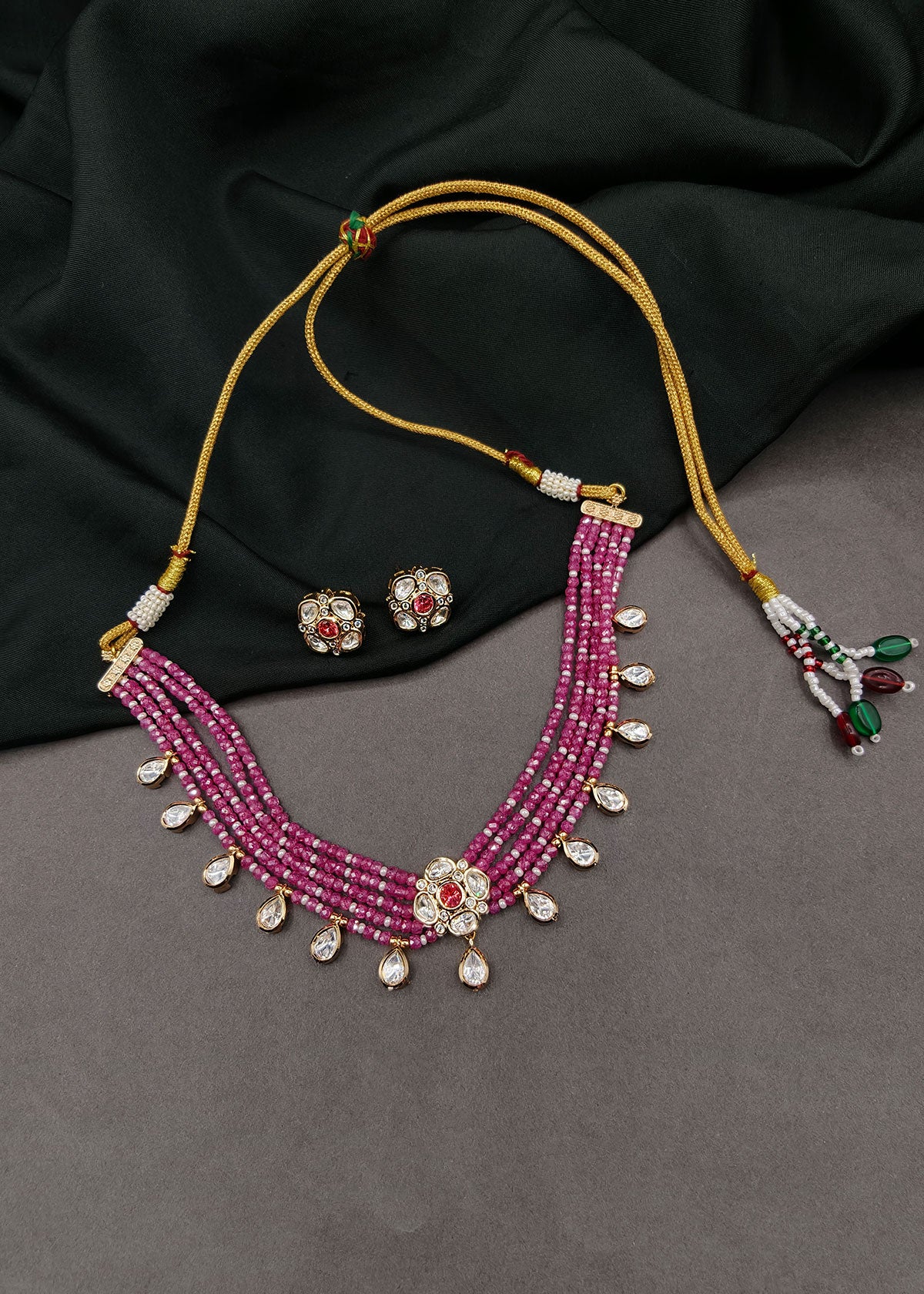 Ethnic Kundan & Zircon Pink-Green Pearl Adjustable Choker Necklace Set For Women