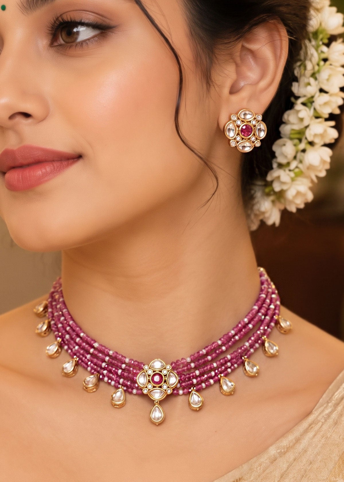 Ethnic Kundan & Zircon Pink-Green Pearl Adjustable Choker Necklace Set For Women