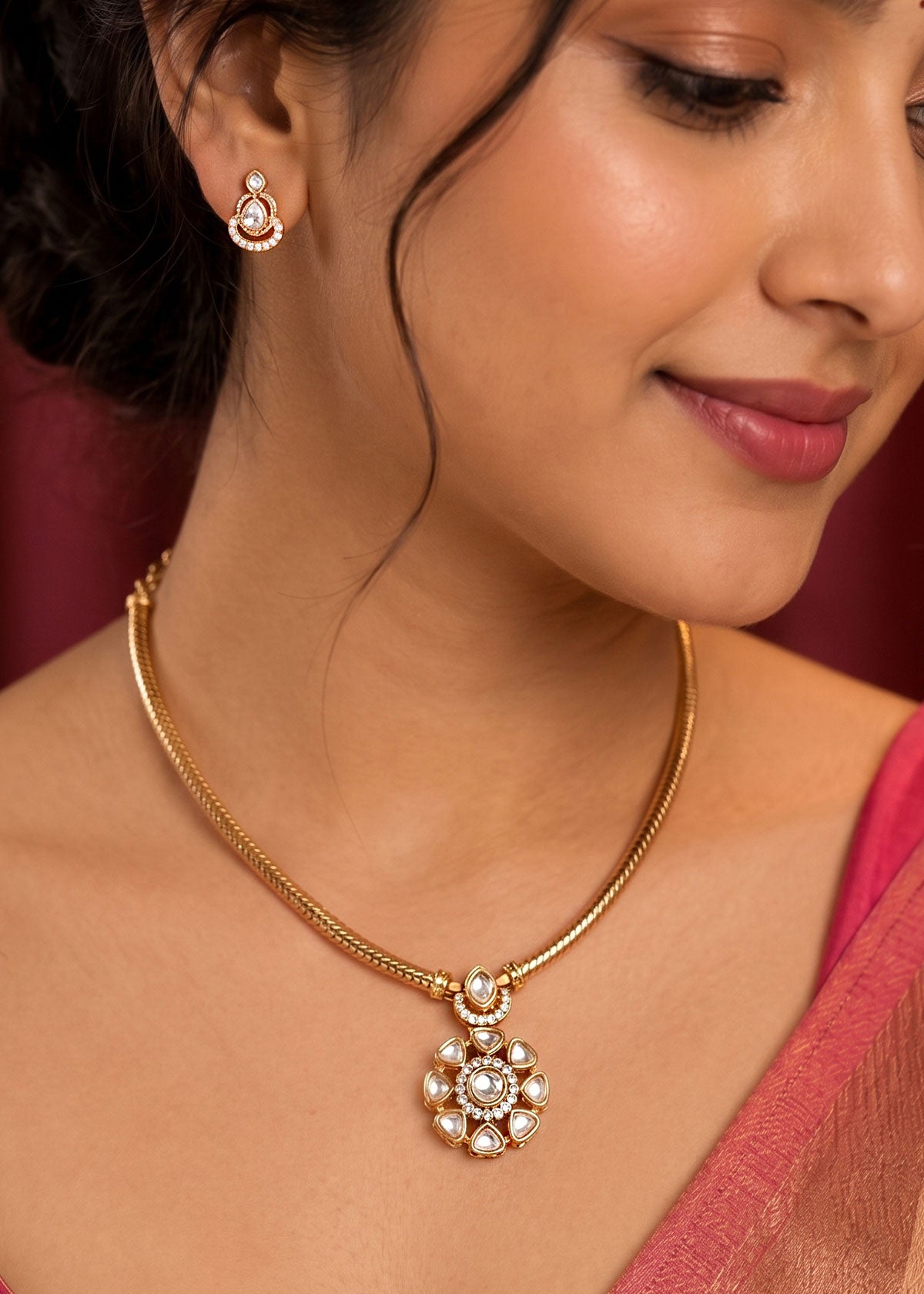 Ethnic Floral Kundan & Zircon Short Adjustable Necklace Set For Women