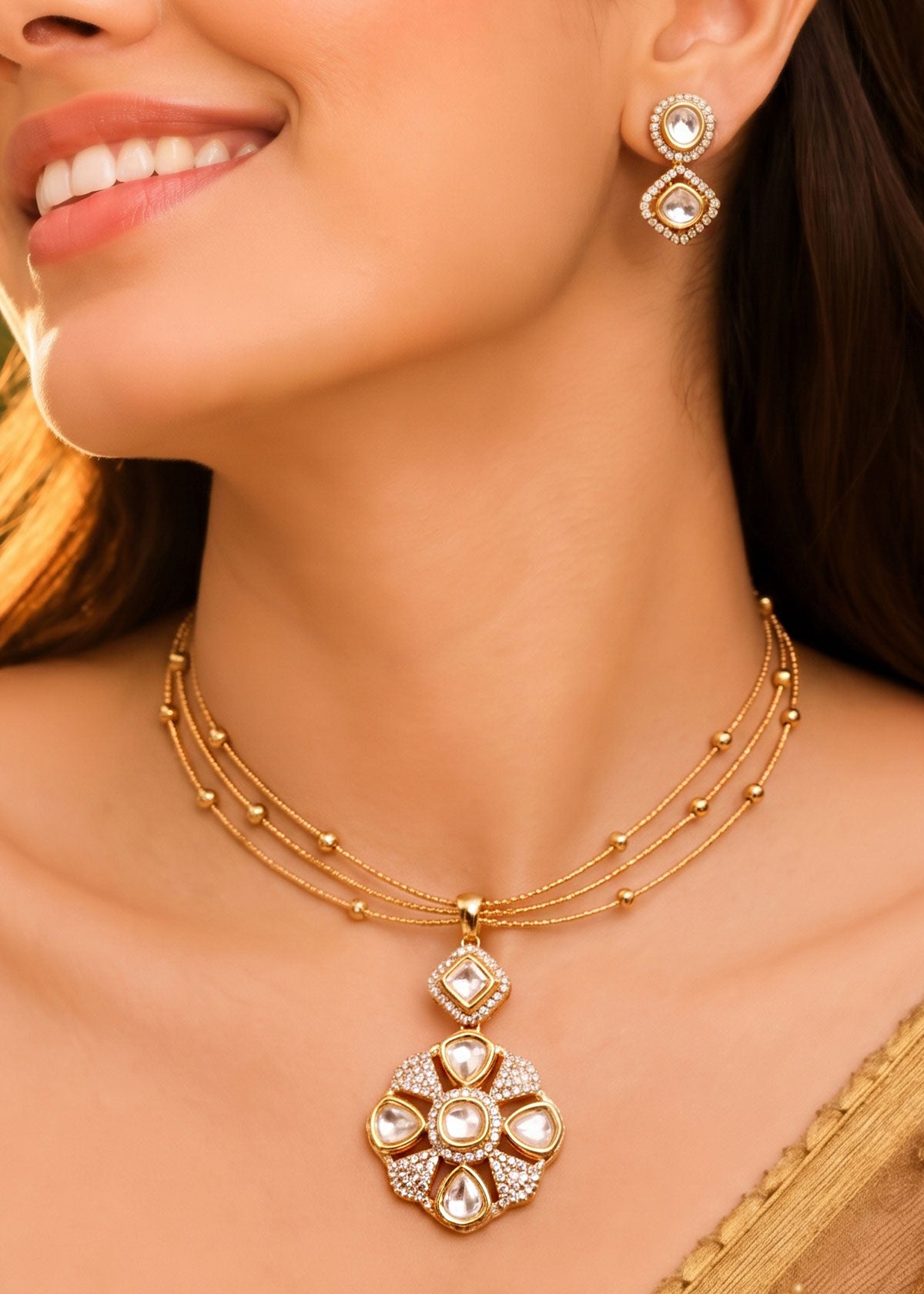 Triple Strand Floral Kundan & Zircon Adjustable Short Necklace Set For Women