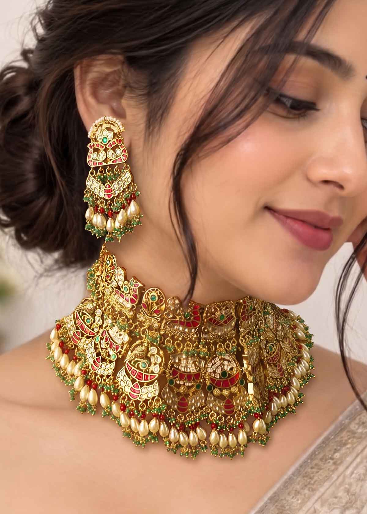 Peacock Motif Kundan & Pearl Short Bridal Necklace Set