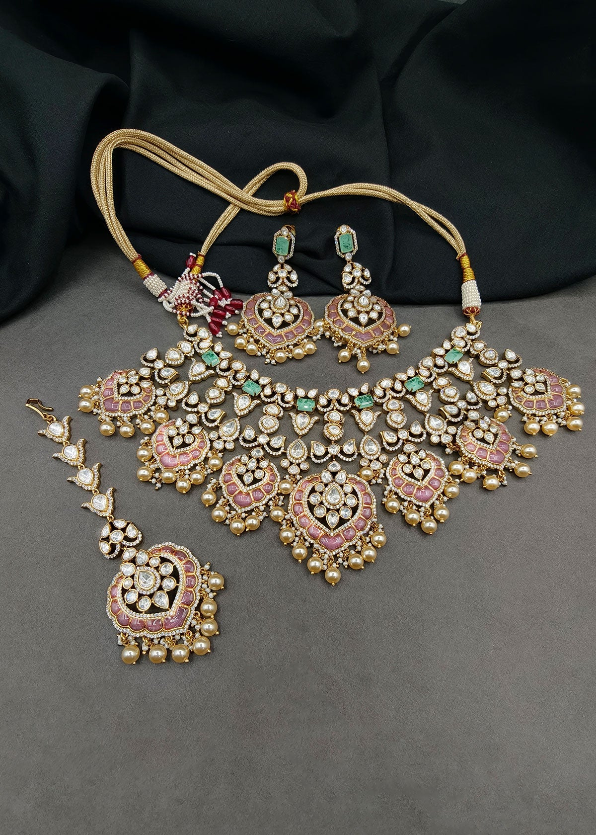 Pastel Pink & Emerald Kundan Bridal Necklace Set With Tikka