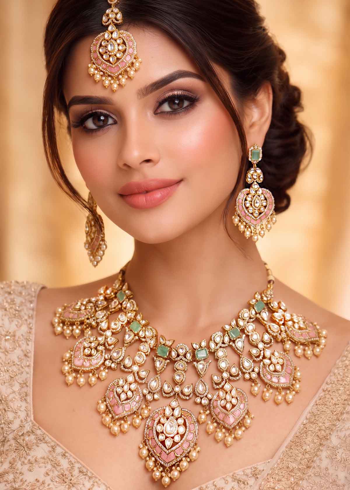 Pastel Pink & Emerald Kundan Bridal Necklace Set With Tikka