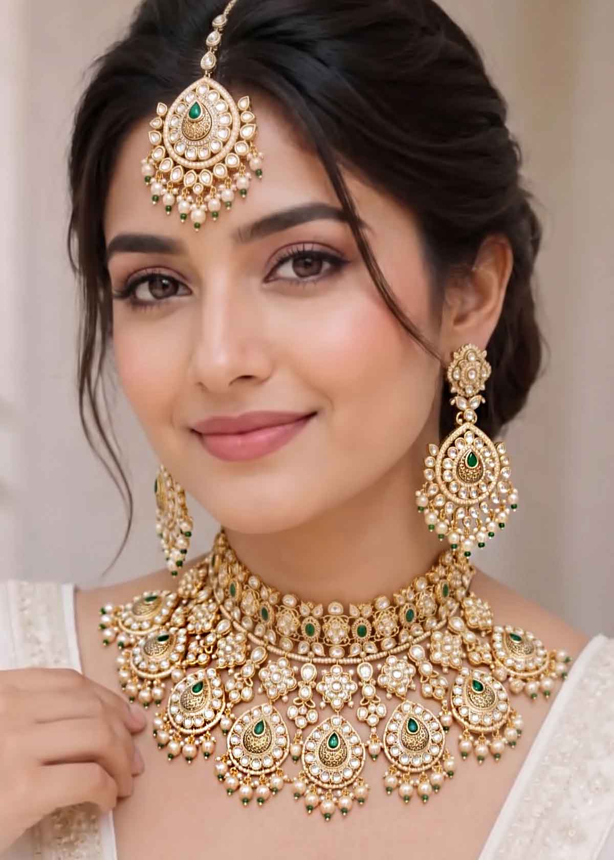 Gold Emerald Bridal Choker Set & Maang Tikka
