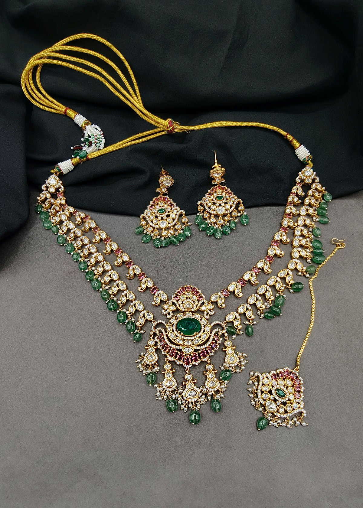 Royal Nizam Emerald Polki Bridal Necklace Set & Maang Tikka