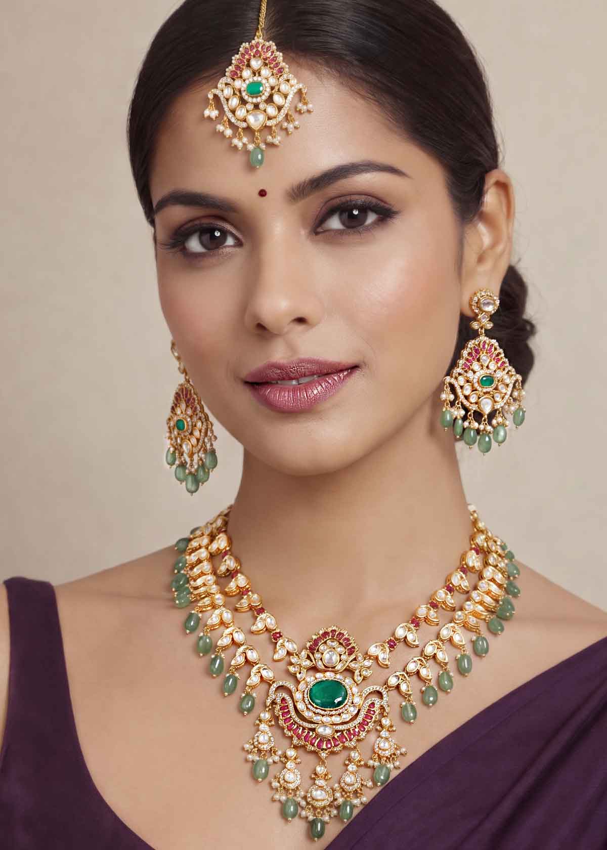 Royal Emerald Polki Bridal Necklace Set & Maang Tikka