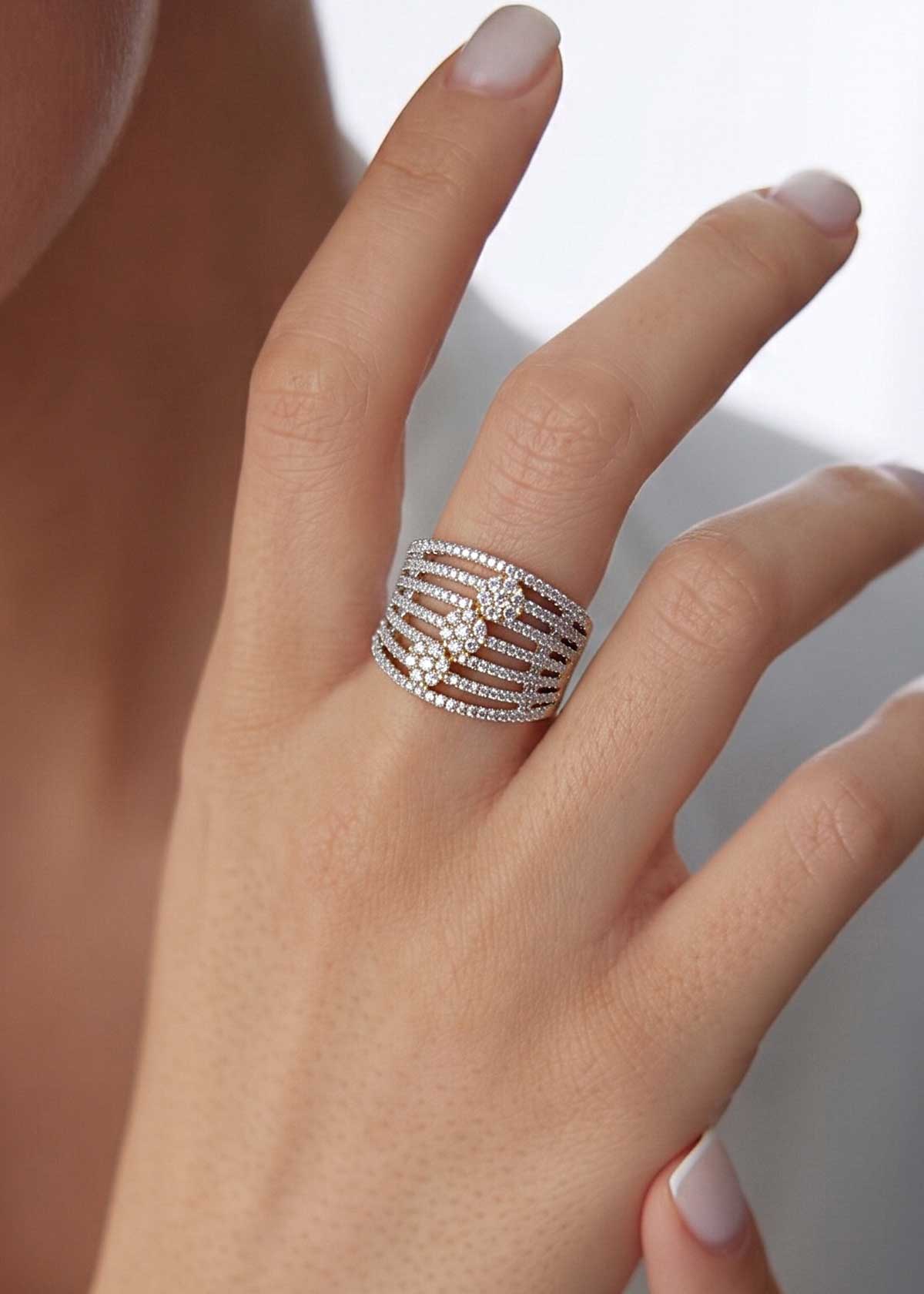 Luxe Linear Diamond Look Multi Band Statement Ring For Woman