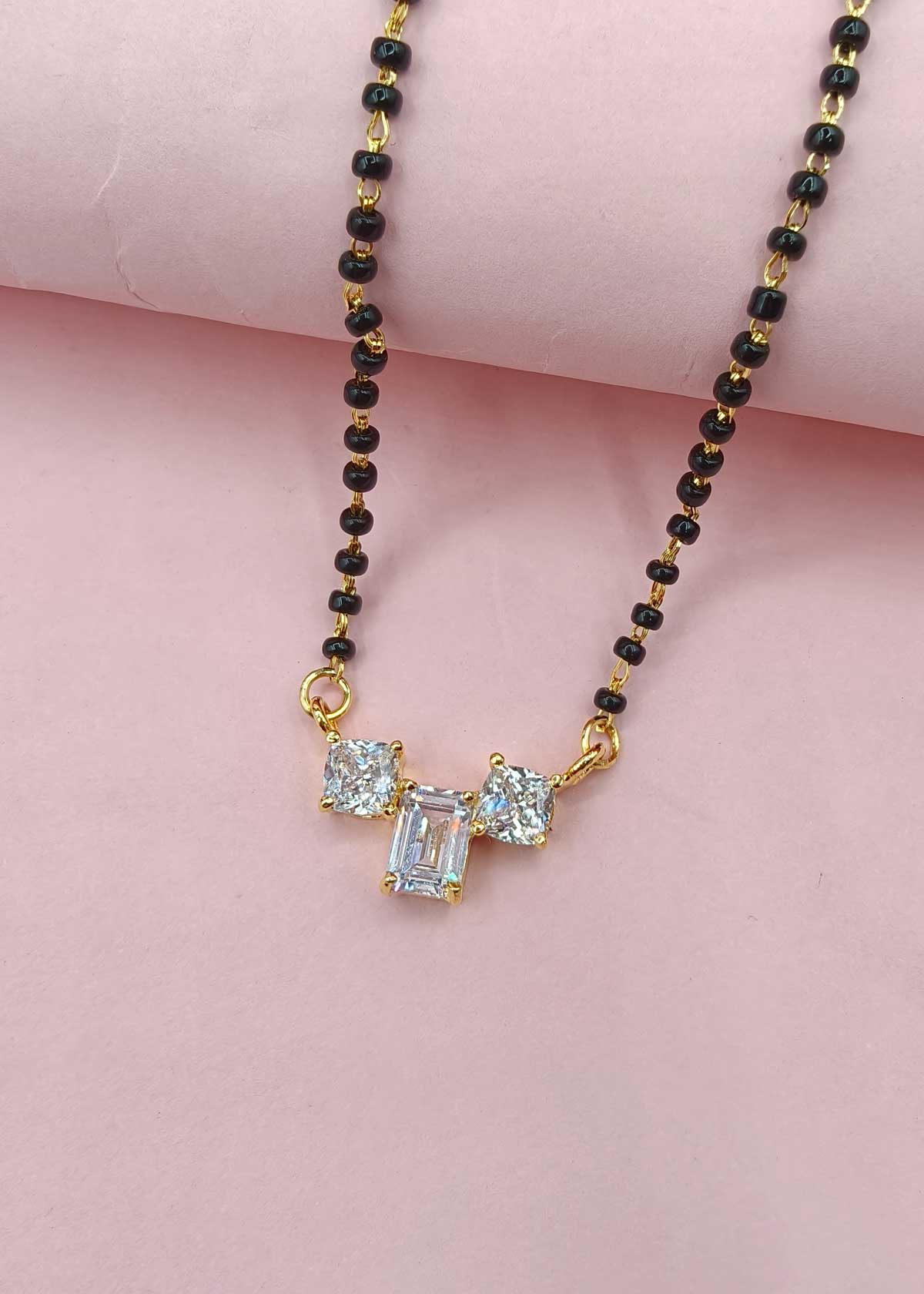 92.5 Sterling Silver Three Stone Zircon Gold Mangalsutra
