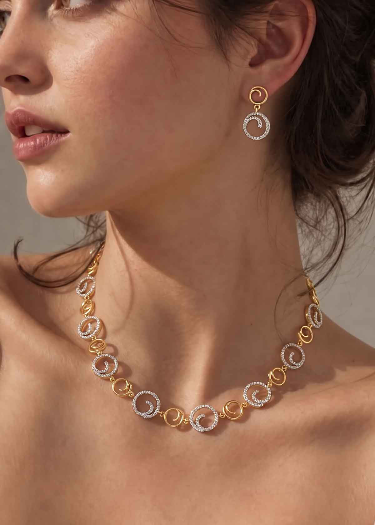 Two-Tone Cubic Zircon Short Necklace Set For Woman