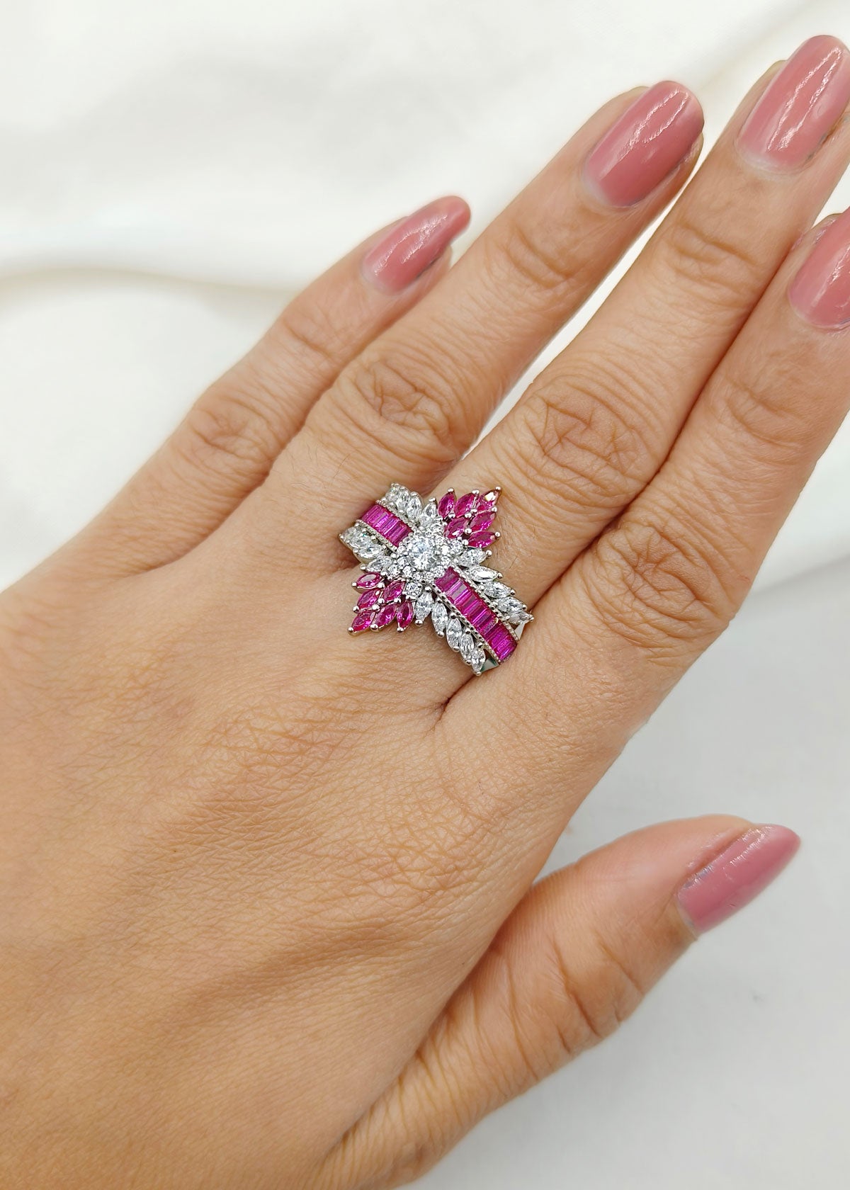 92.5 Sterling Silver Broad Diamond / Zircon Pink Women Finger Ring