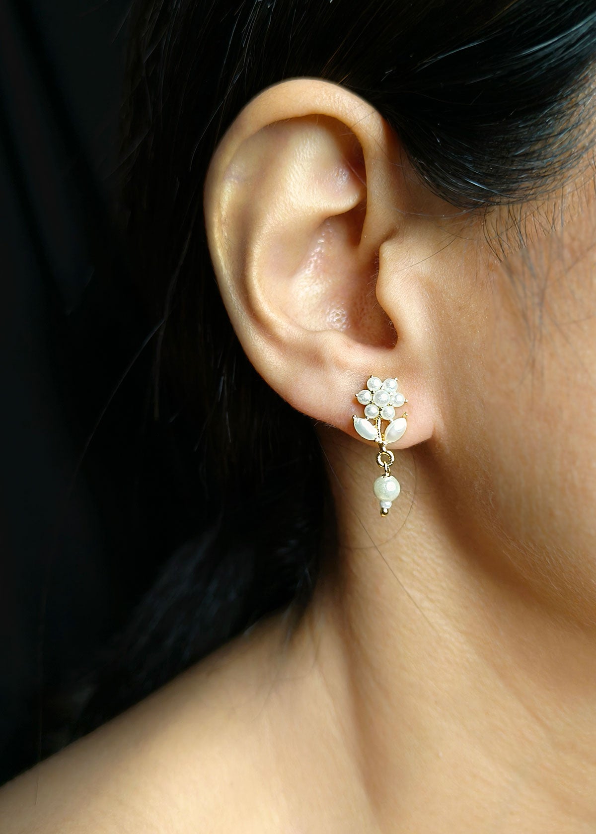 Small Gold Plated Floral Pearl Stud Earring