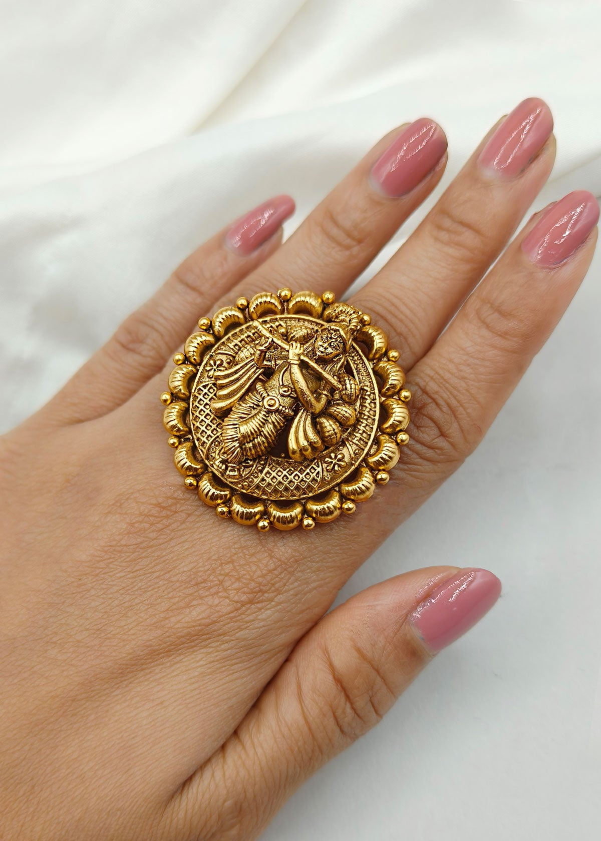 Big Antique Gold Krishna (Temple) Adjustable Finger Ring