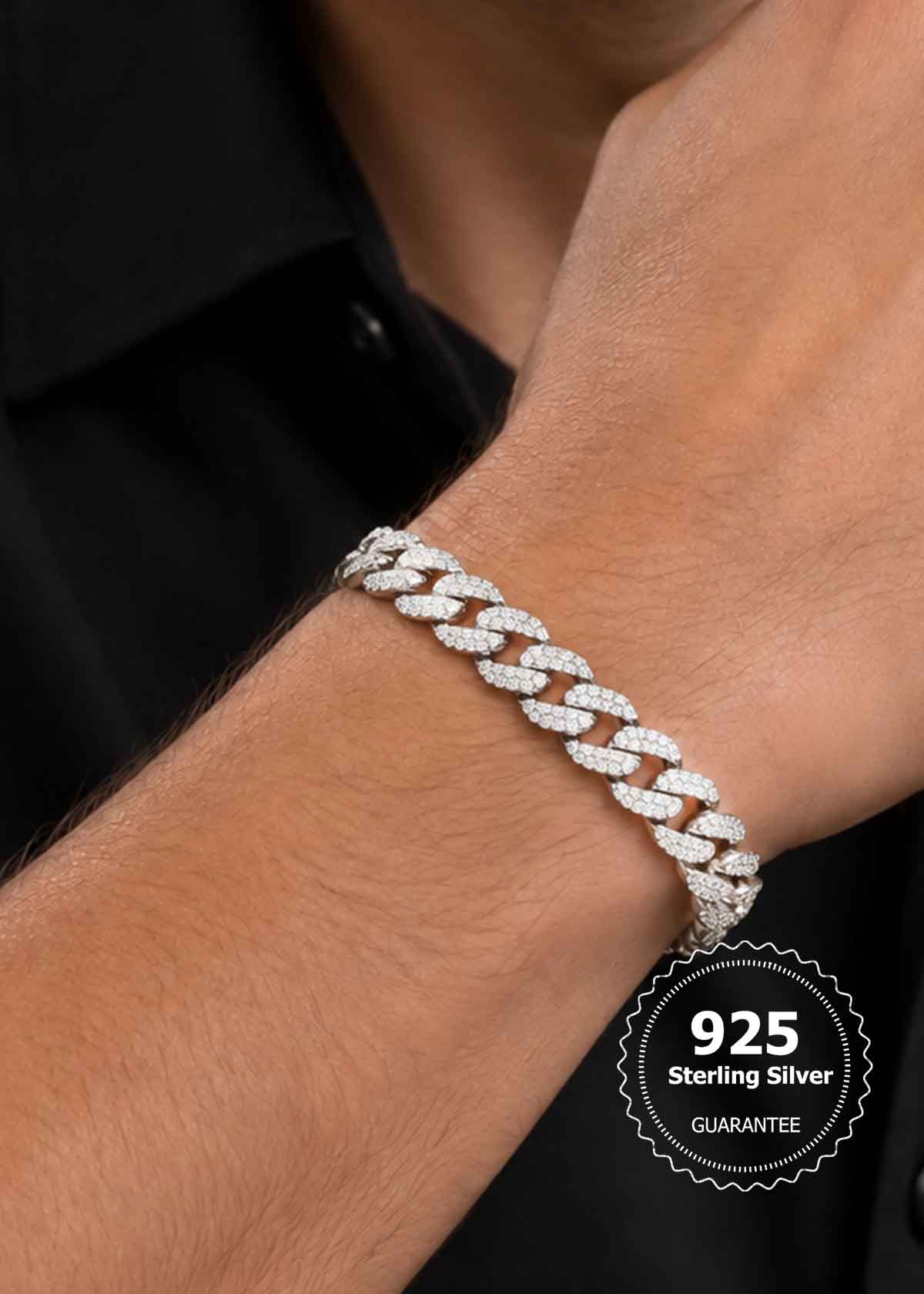 92.5 Sterling Silver Cubic Zircon Cuban Link Men's Broad Loose Bracelet
