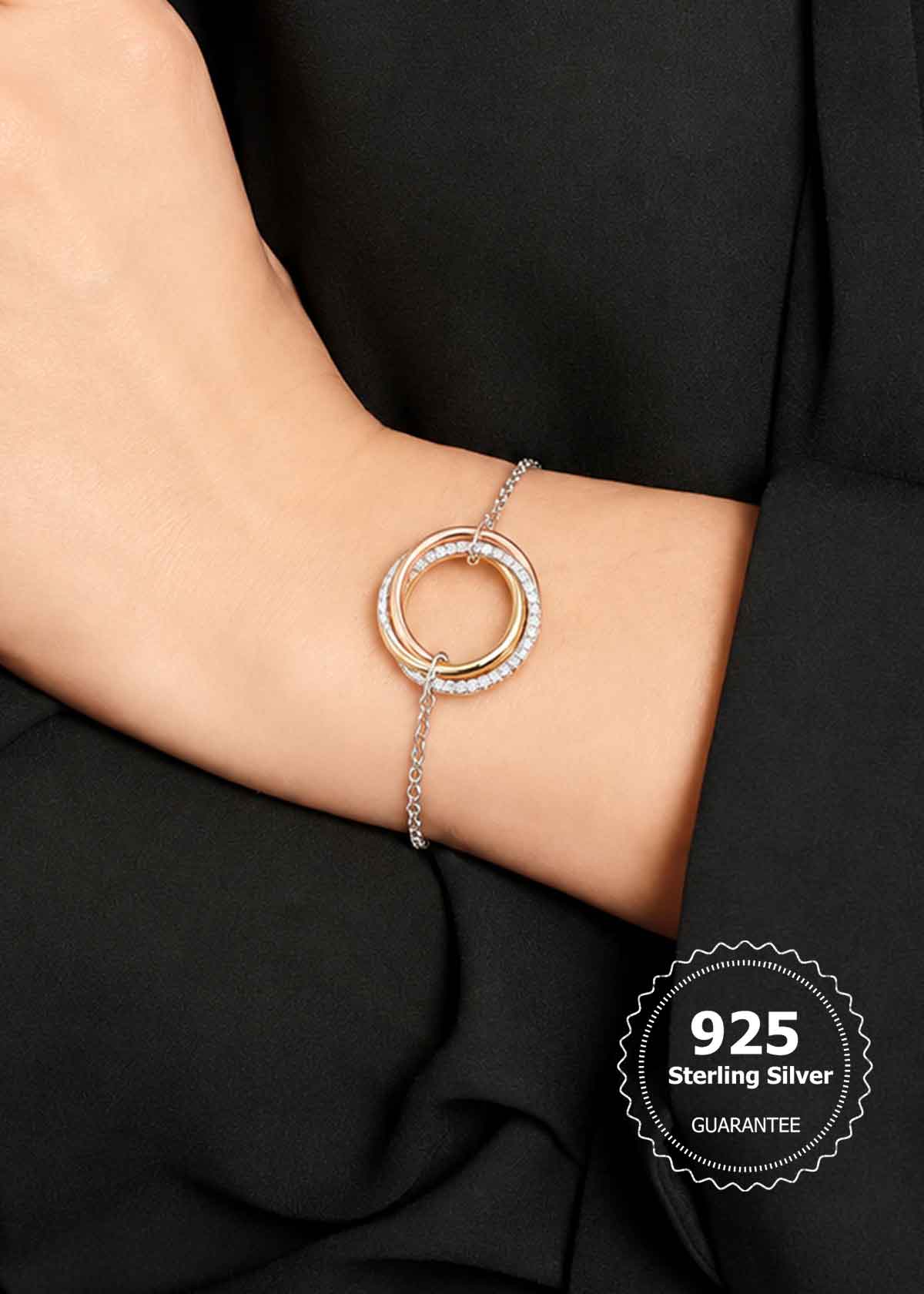 92.5 Silver Interlocking Rings Zircon Delicate Adjustable Loose Bracelet For Women