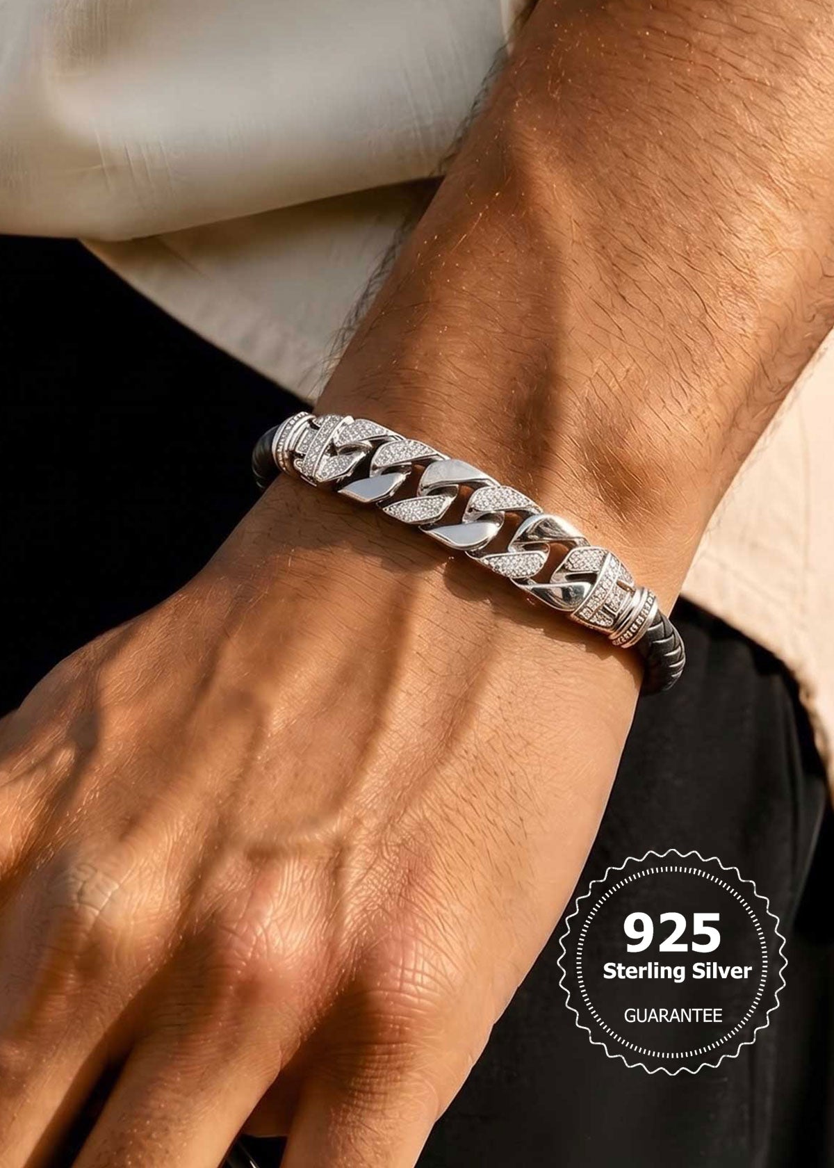 92.5 Sterling Silver Cubic Zircon Cuban Wide Link Style Men Loose Bracelet
