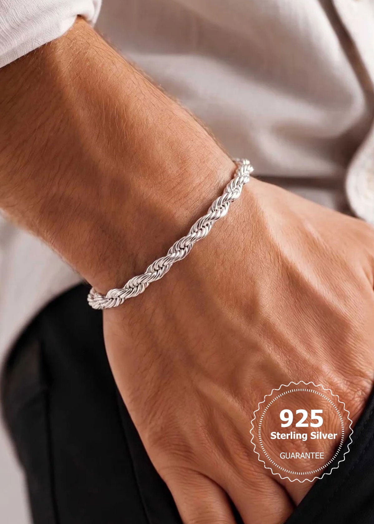 92.5 Sterling Silver Minimalist Rope Style Men Loose Bracelet