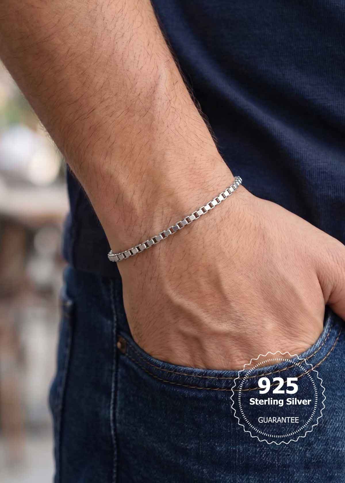 92.5 Sterling Silver Box-Link Men's Thin Loose Bracelet