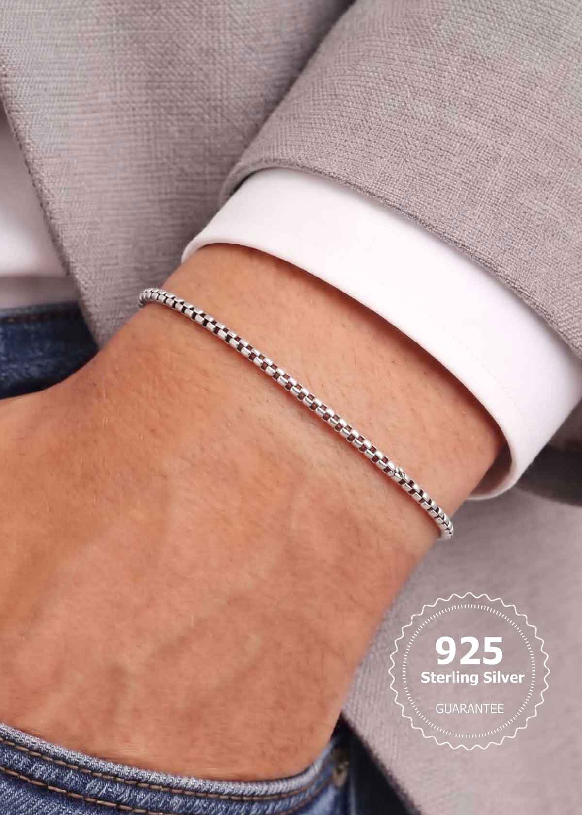 92.5 Sterling Silver Round-Box Sleek Link Men's Loose Bracelet
