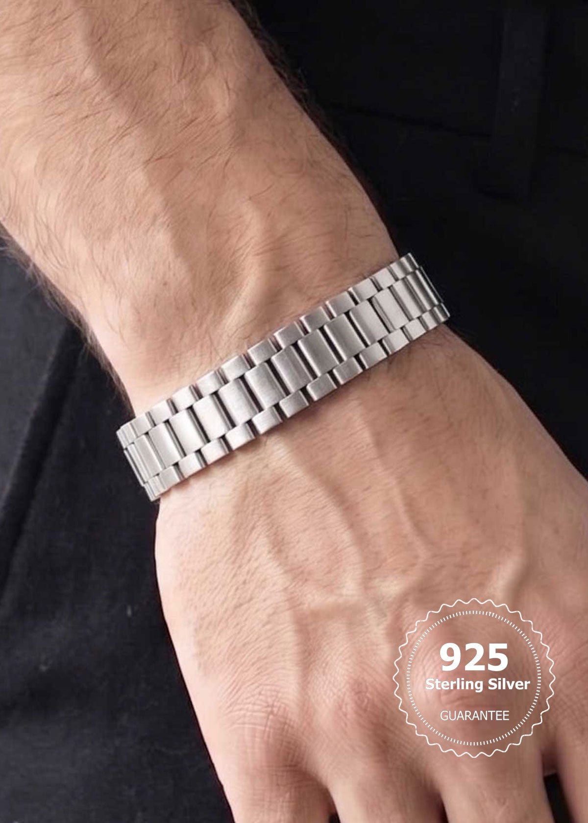 92.5 Sterling Silver Watch Style Broad Link Bracelet For Men