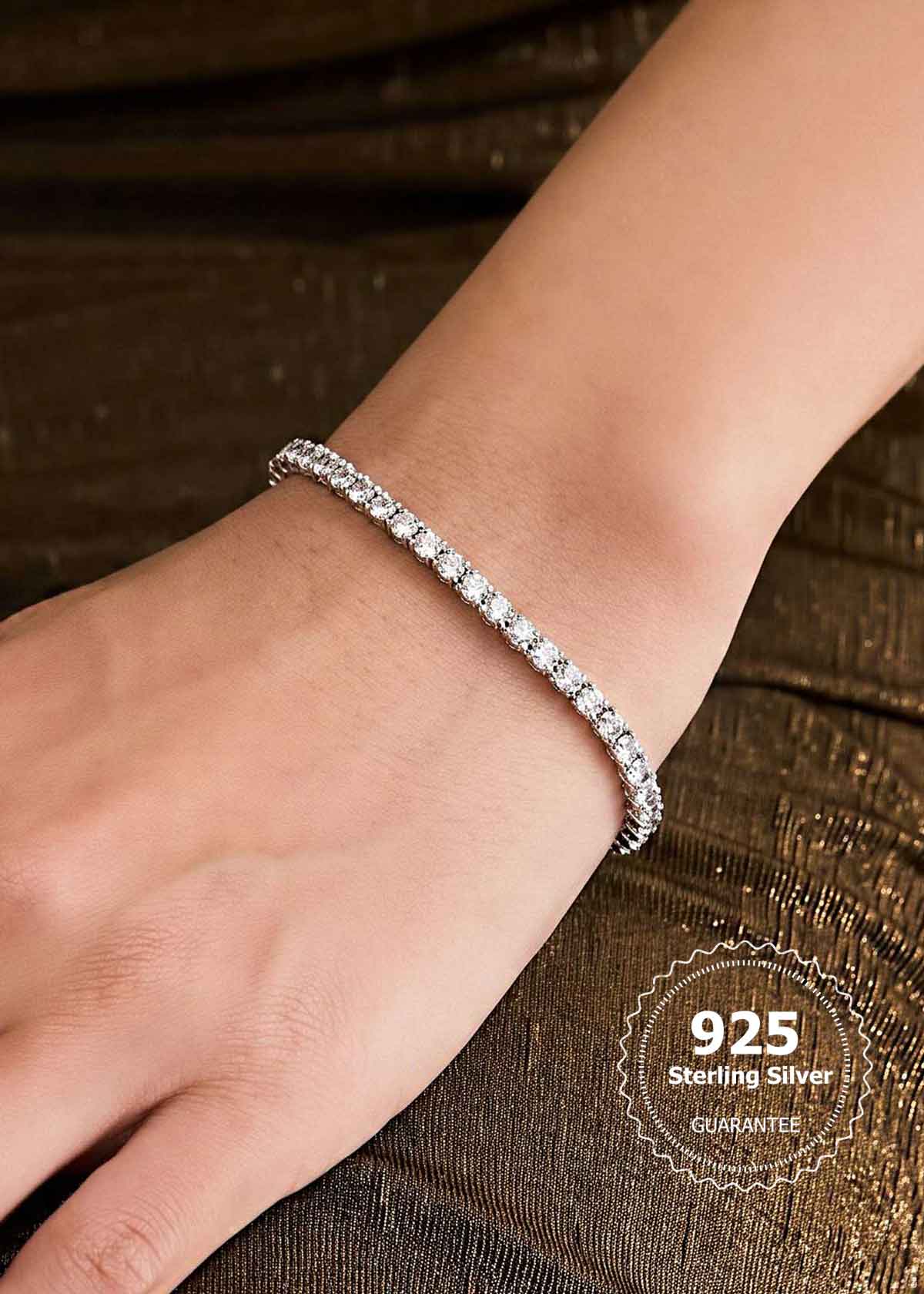 92.5 Sterling Silver Diamond Look Tennis Link Loose Bracelet For Women