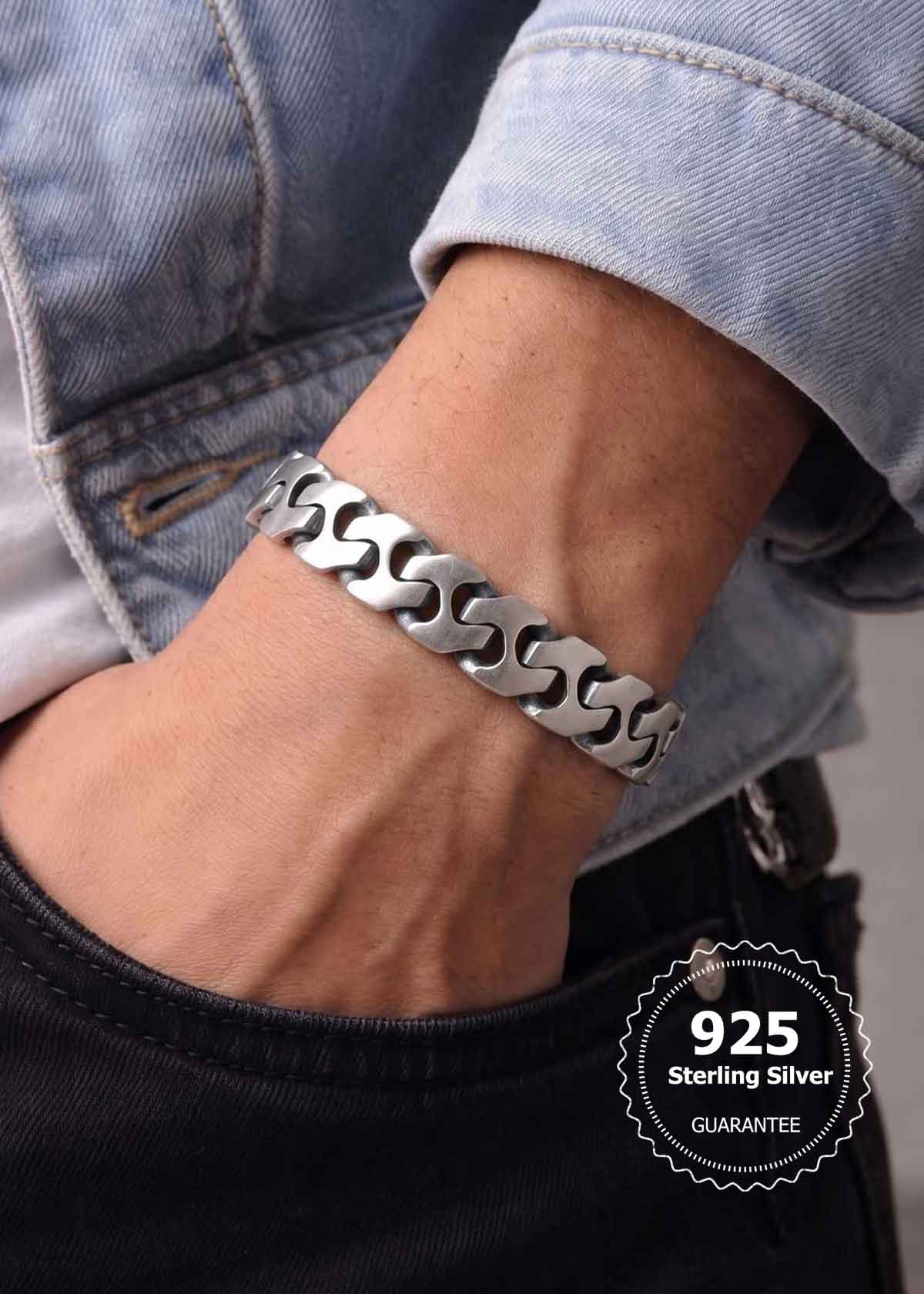 92.5 Sterling Silver Heavy Curb Link Loose Bracelet For Men