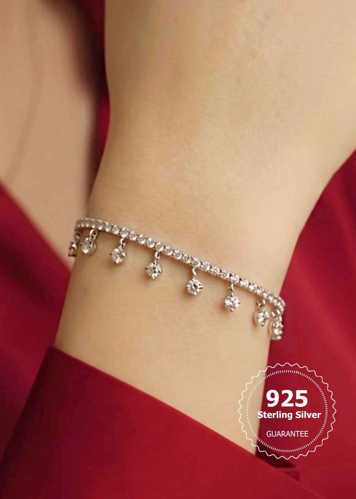 92.5 Sterling Silver Cubic Zircon Dangle Charm Adjustable Loose Bracelet For Women