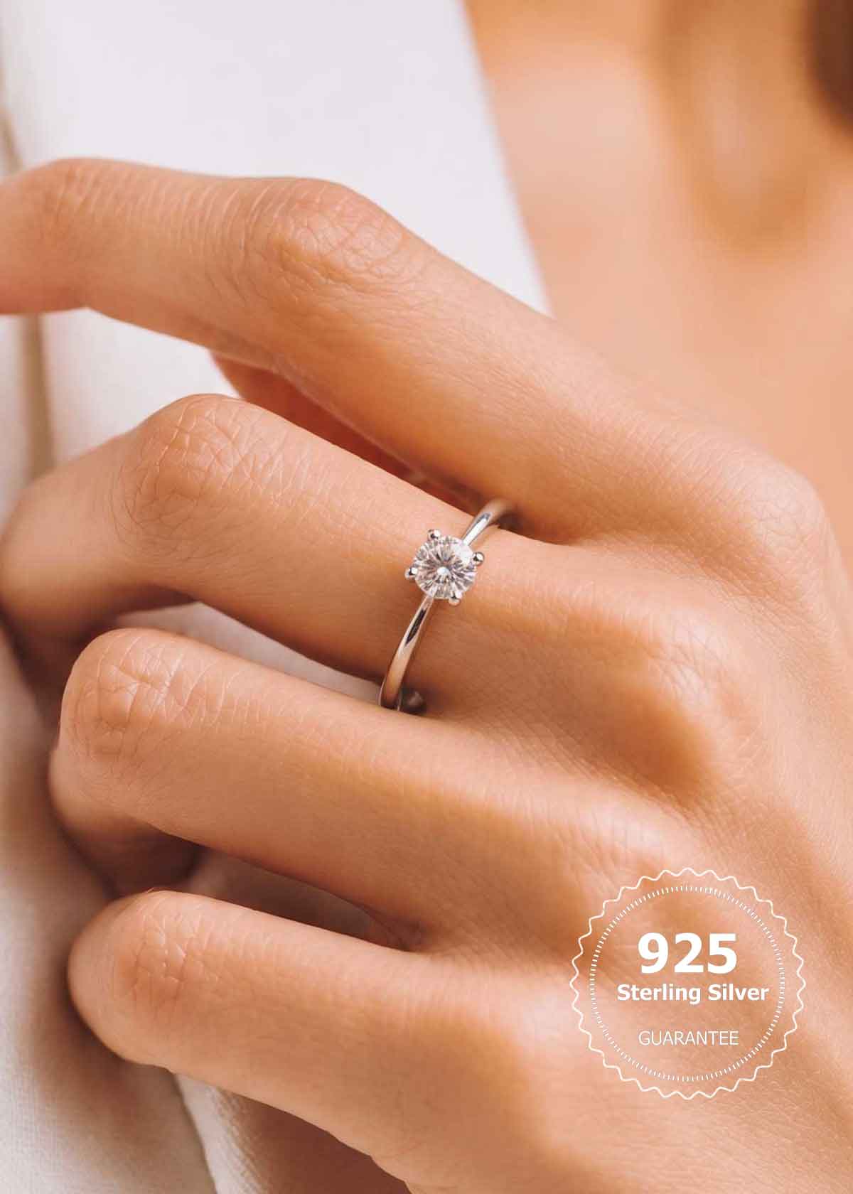 92.5 Sterling Silver Classic Solitaire Delicate Adjustable Finger Ring For Women