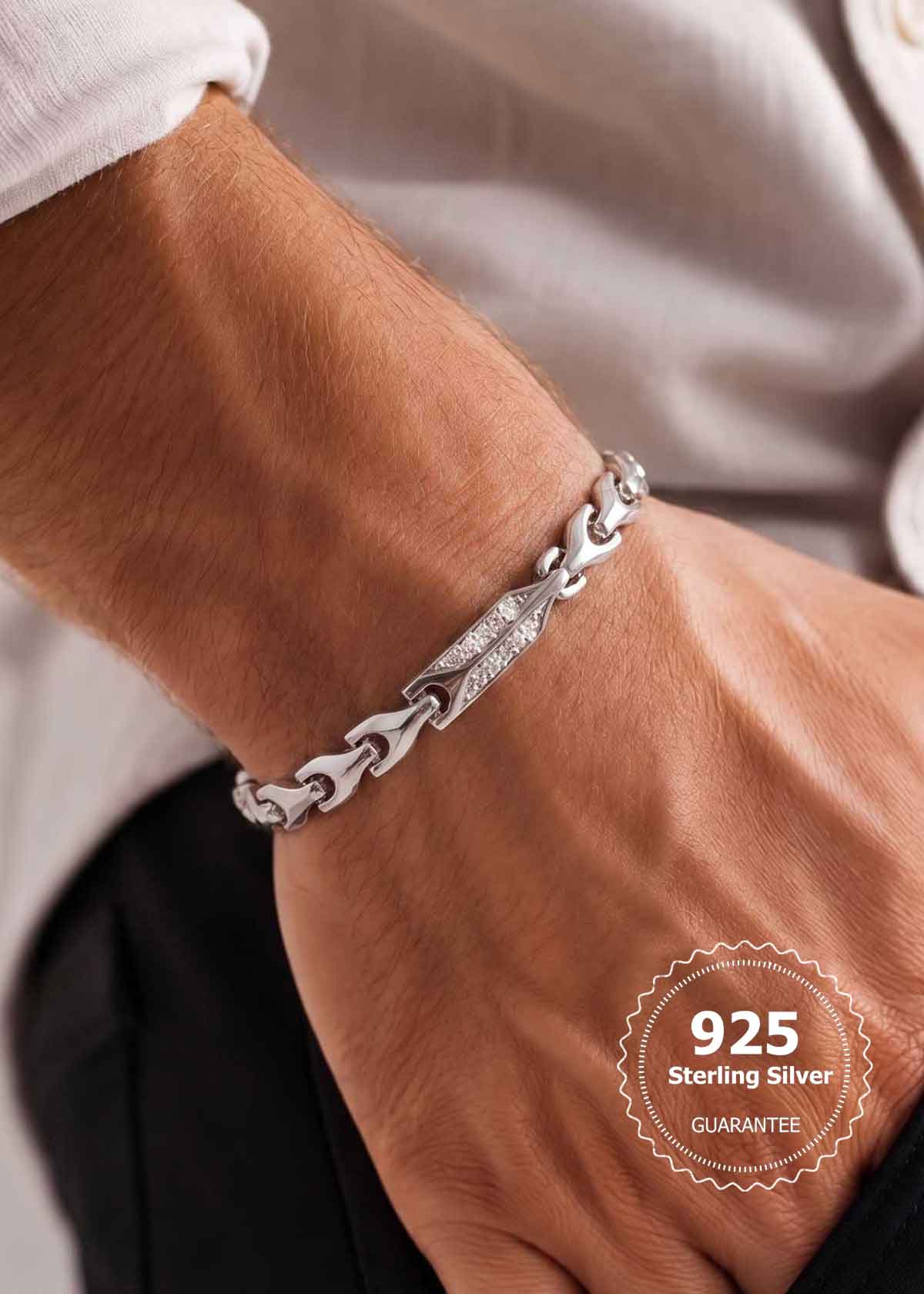 92.5 Sterling Silver Slim Cubic Zircon Geometric Link Men's Loose Bracelet