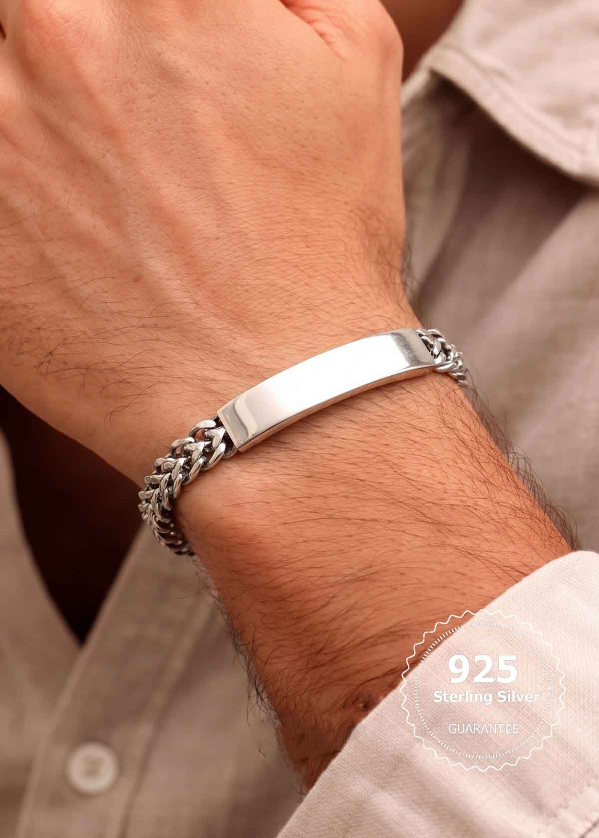 92.5 Sterling Silver Curved Bar Link Men's Broad Loose Bracelet