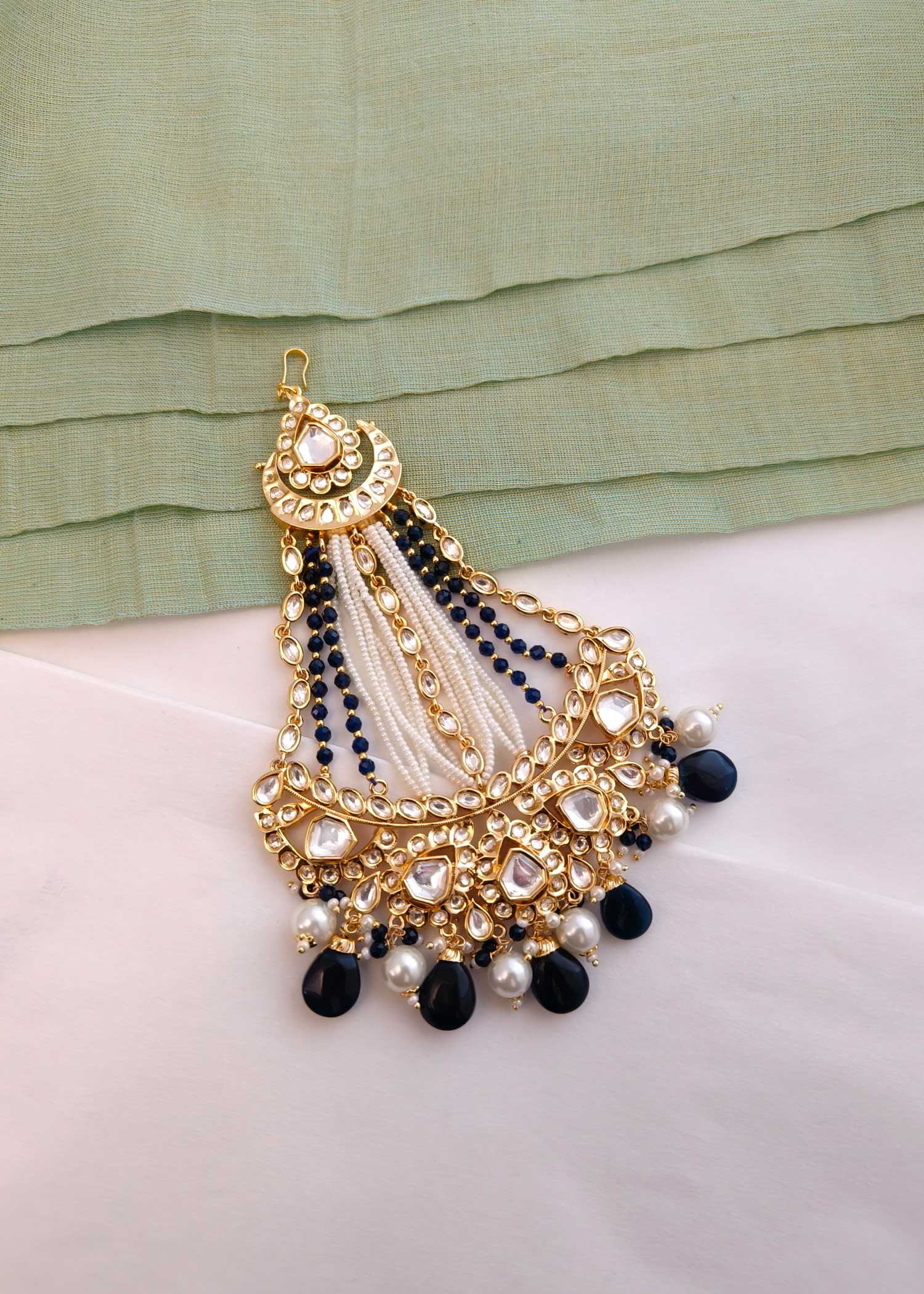 Gold Plated Blue Kundan pearl passa/Jhoomar