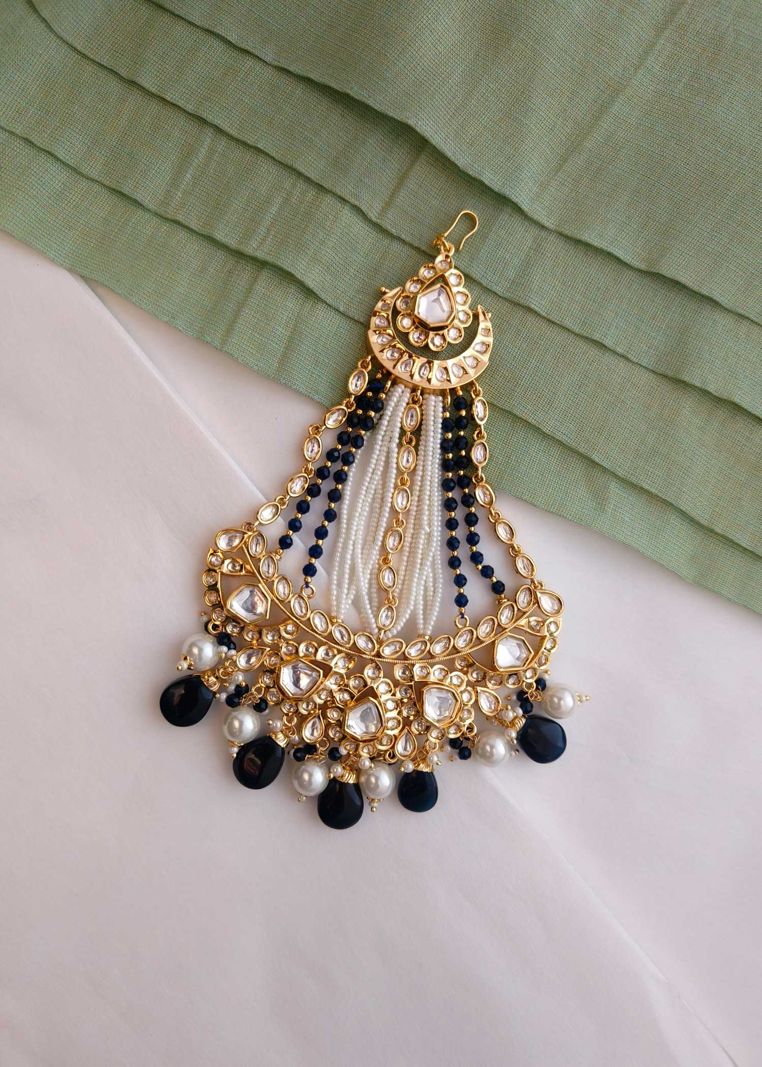 Gold Plated Blue Kundan pearl passa/Jhoomar