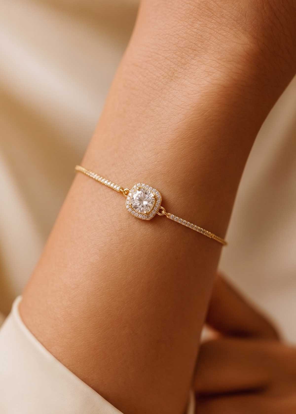 92.5 Sterling Silver Triple Tone Square Cubic Zircon Adjustable Link Loose Bracelet For Women