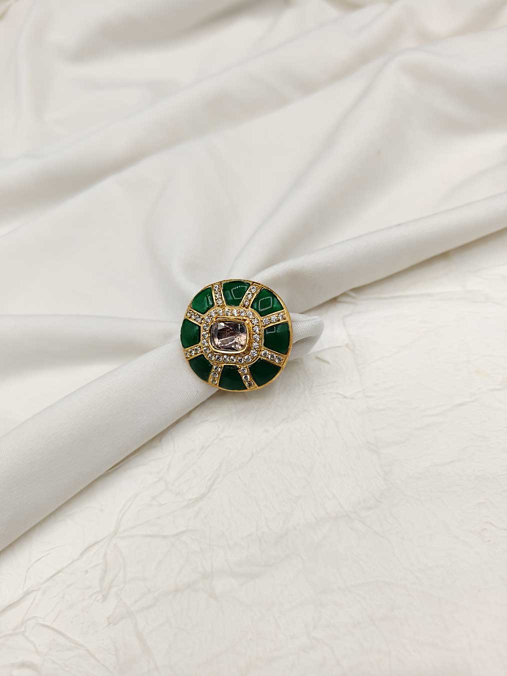 Green Cubic Zircon With Kundan Adjustable  Finger ring