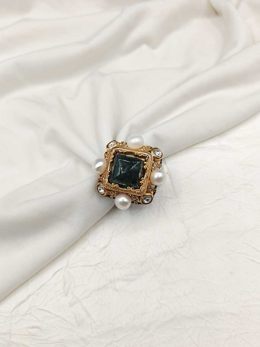 Square Shape Cubic Zircon With Pearl Adjustable Finger Ring