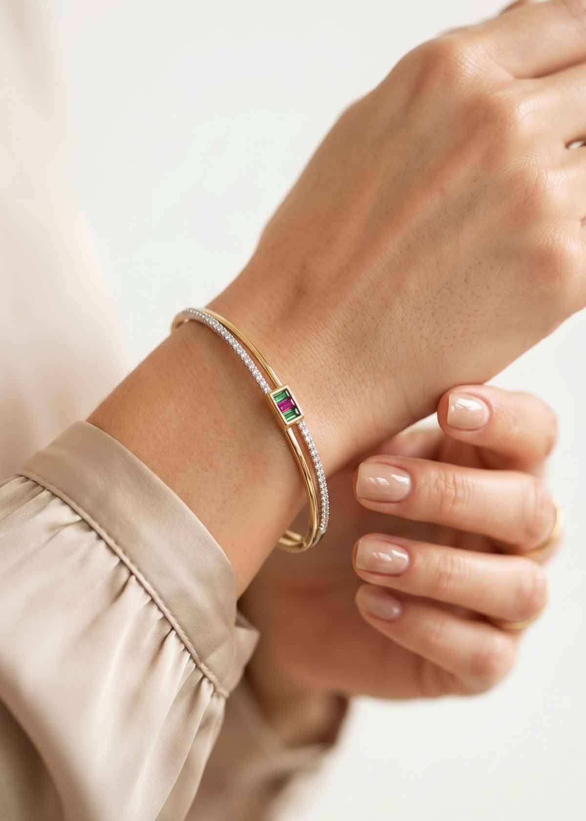 Sleek Cubic Zircon Gold Plated Stone Fixed Bangles With Green & Pink Detailing For Women (Pair)