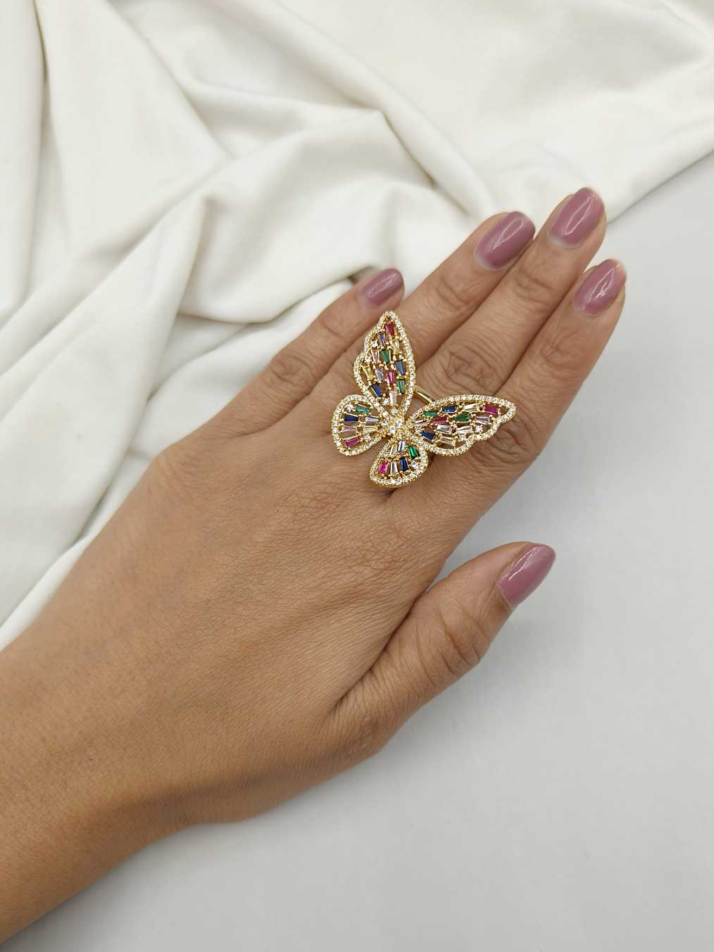 Butterfly Design Cubic Zircon Multi Colour Adjustable Finger Ring