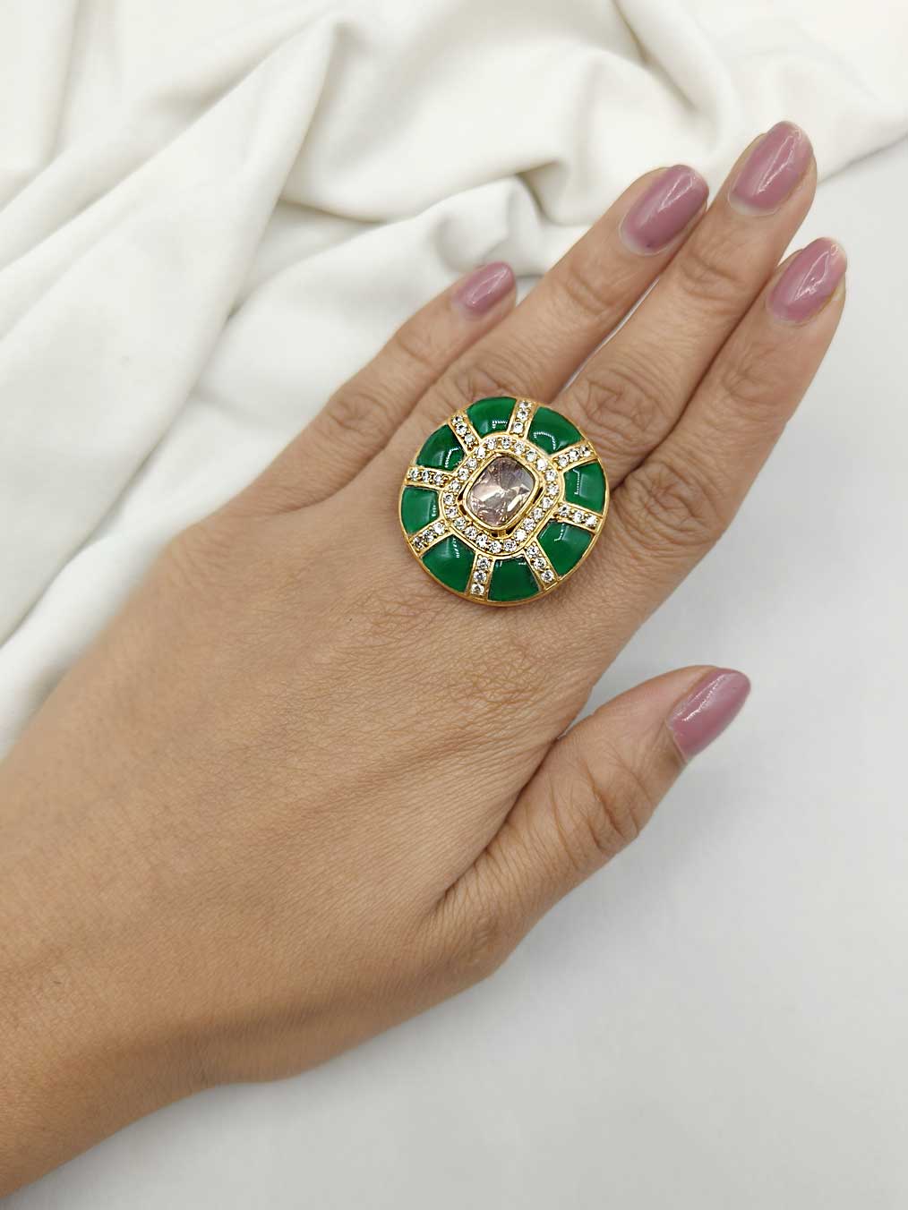 Green Cubic Zircon With Kundan Adjustable  Finger ring