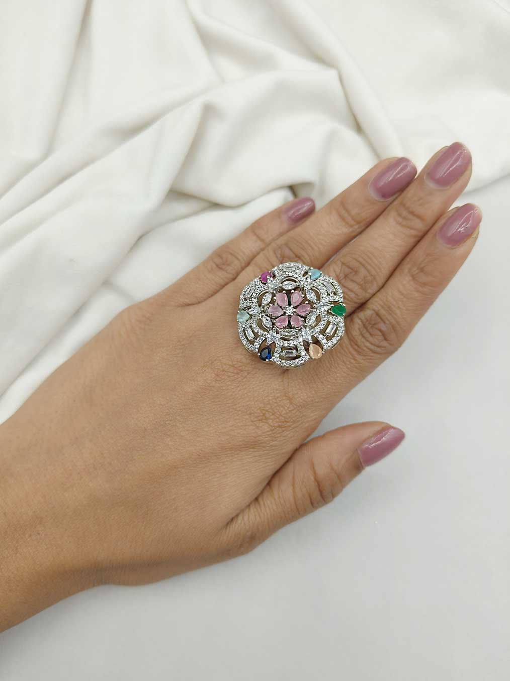 Multi Colour Stone Floral Design Cubic Zircon Adjustable Finger Ring