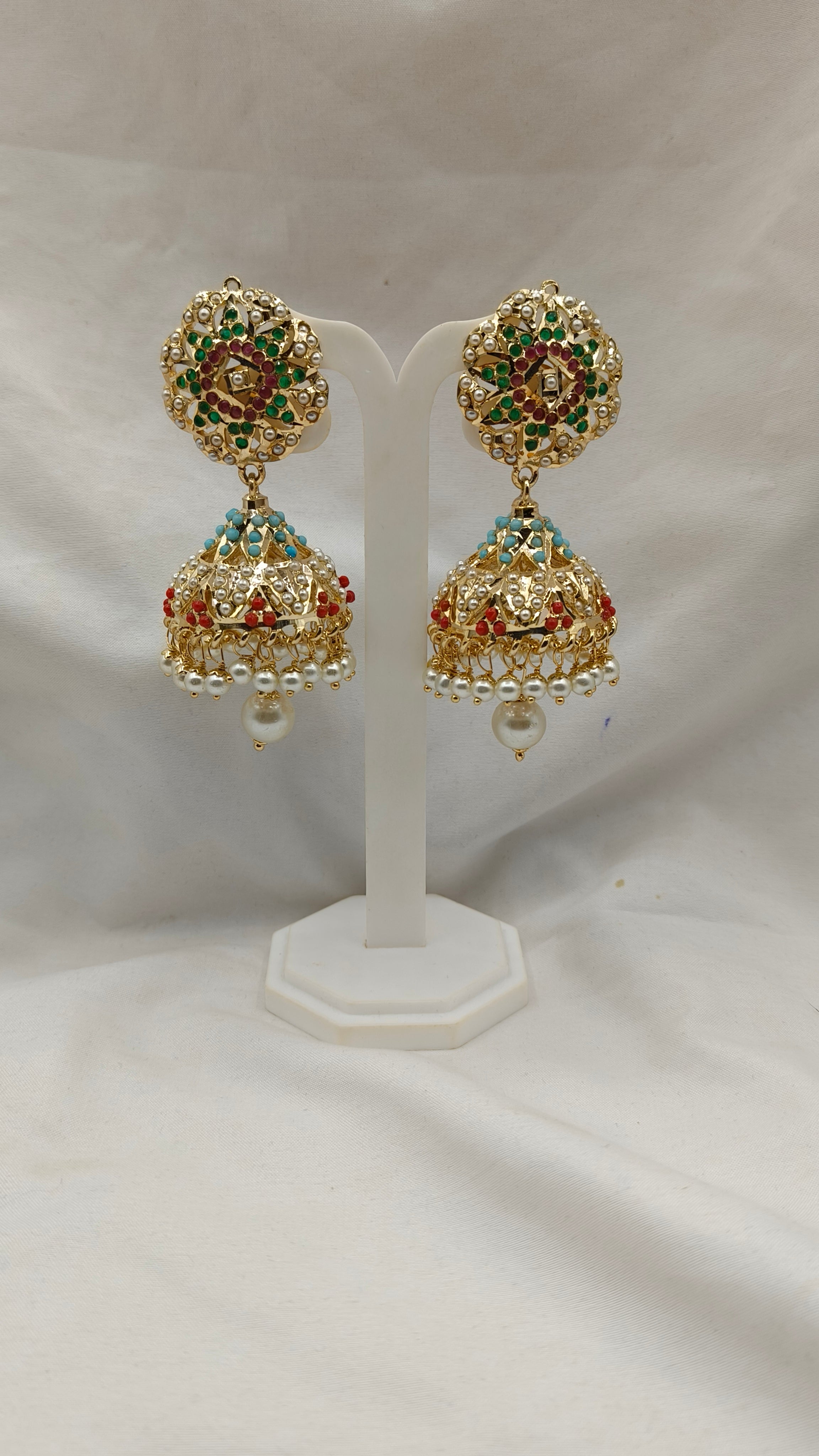 Multicolor Marvel Navratan Gold Polished Jhumka