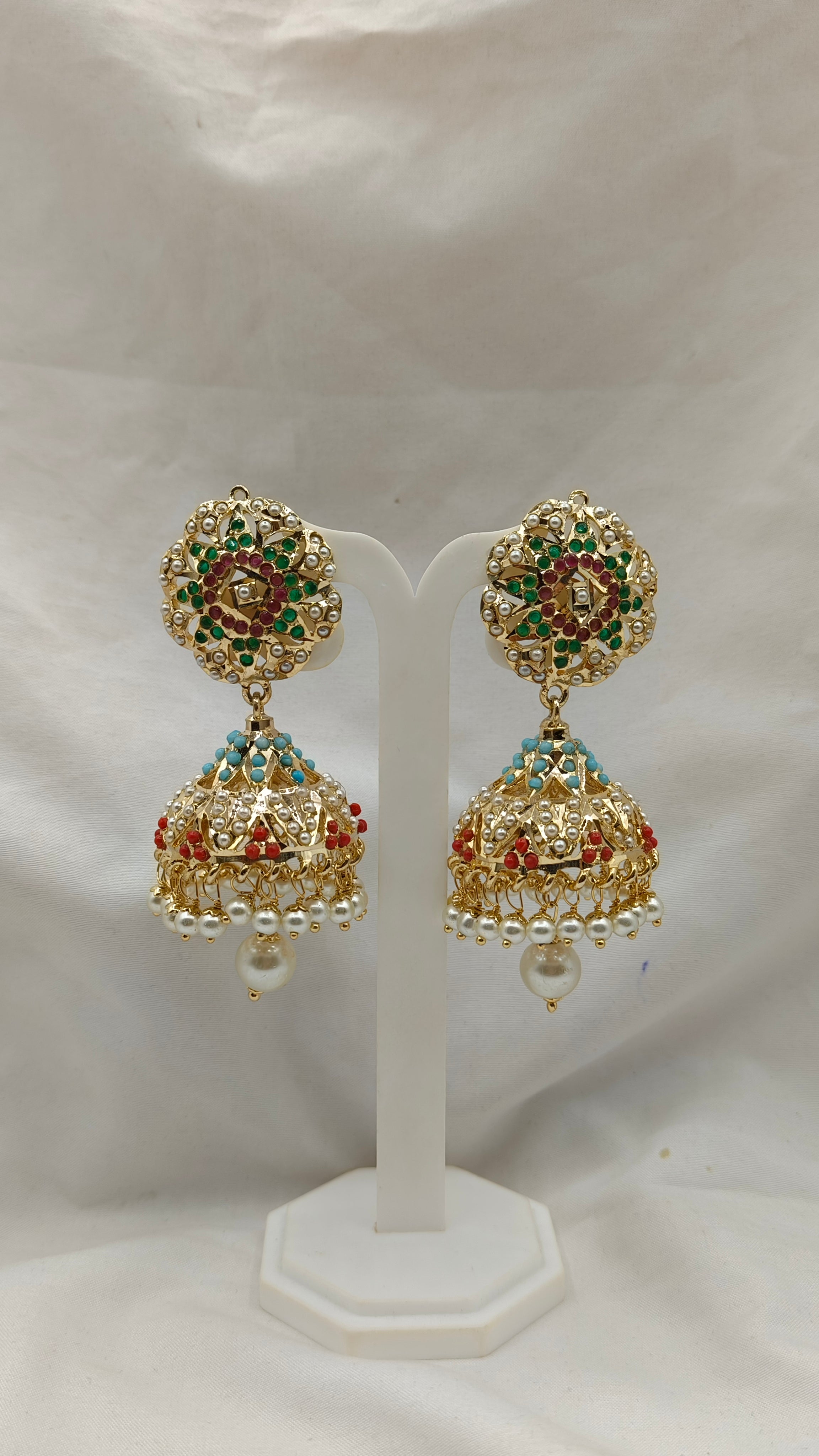 Multicolor Marvel Navratan Gold Polished Jhumka