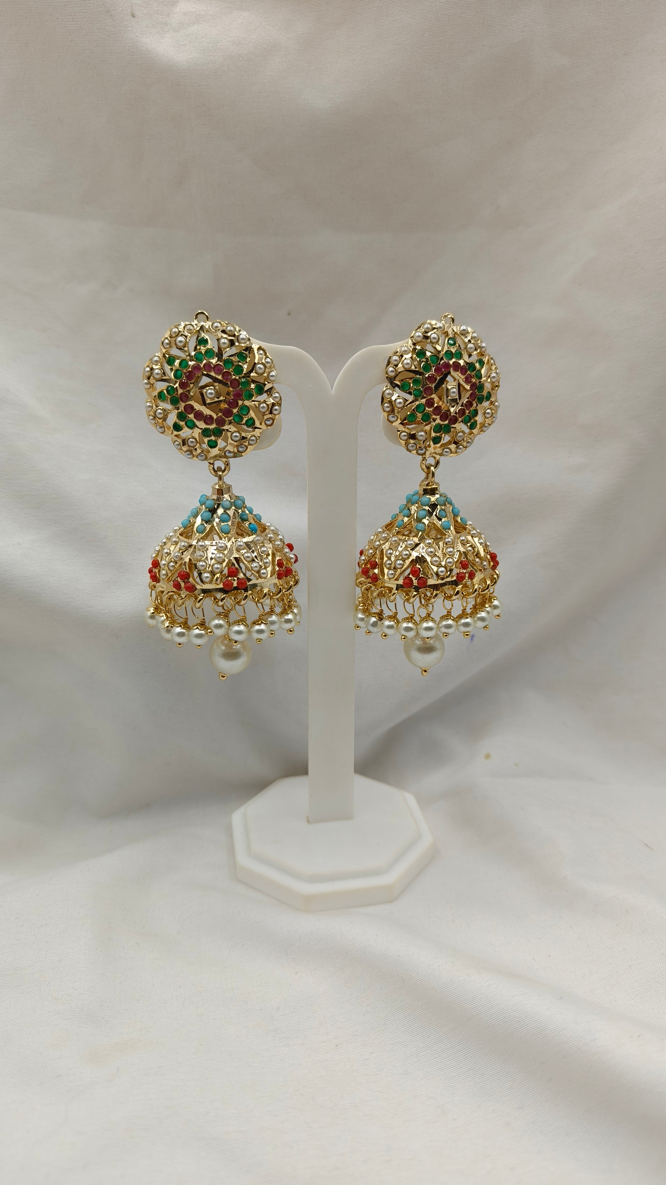 Multicolor Marvel Navratan Gold Polished Jhumka