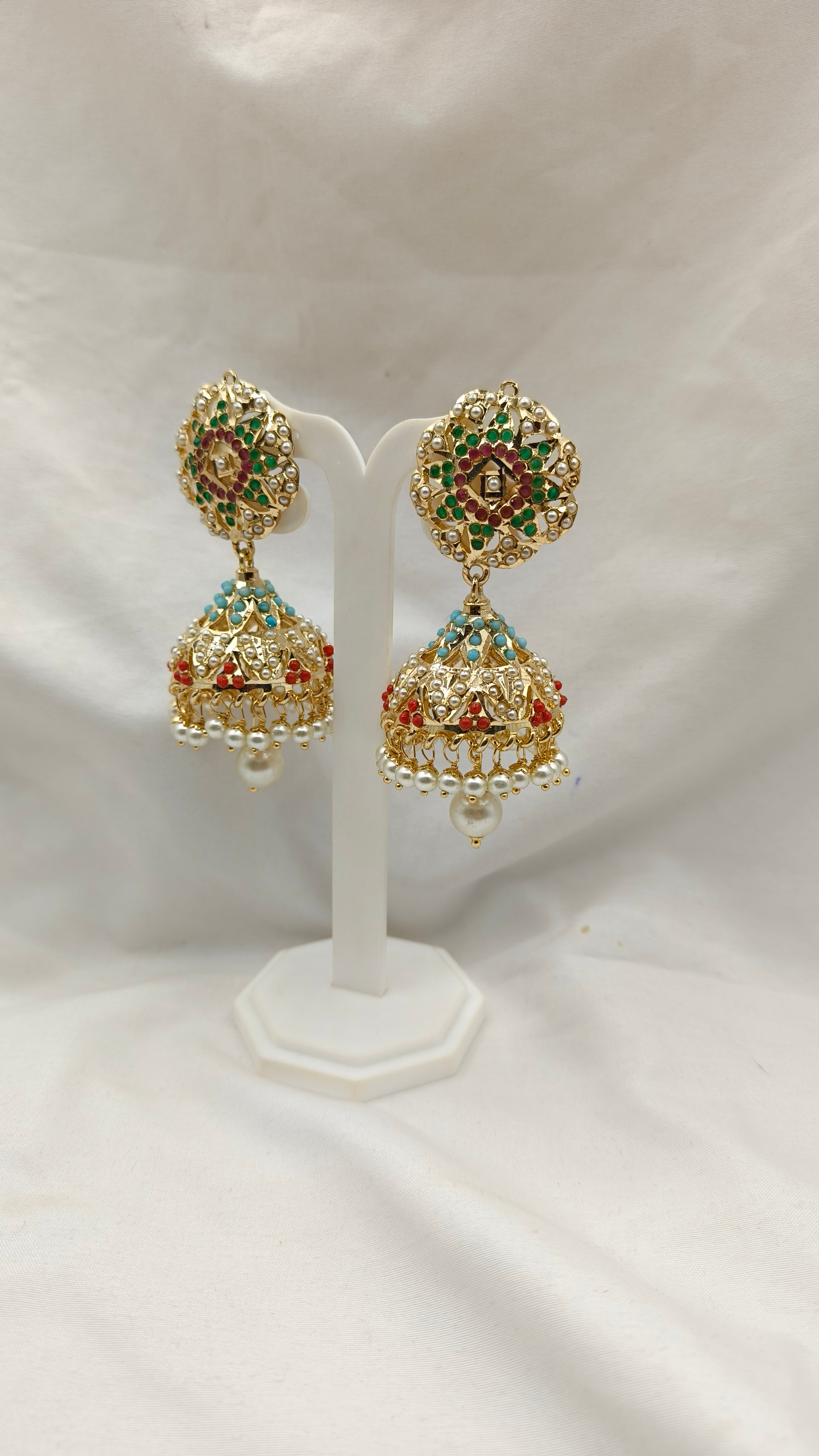 Multicolor Marvel Navratan Gold Polished Jhumka