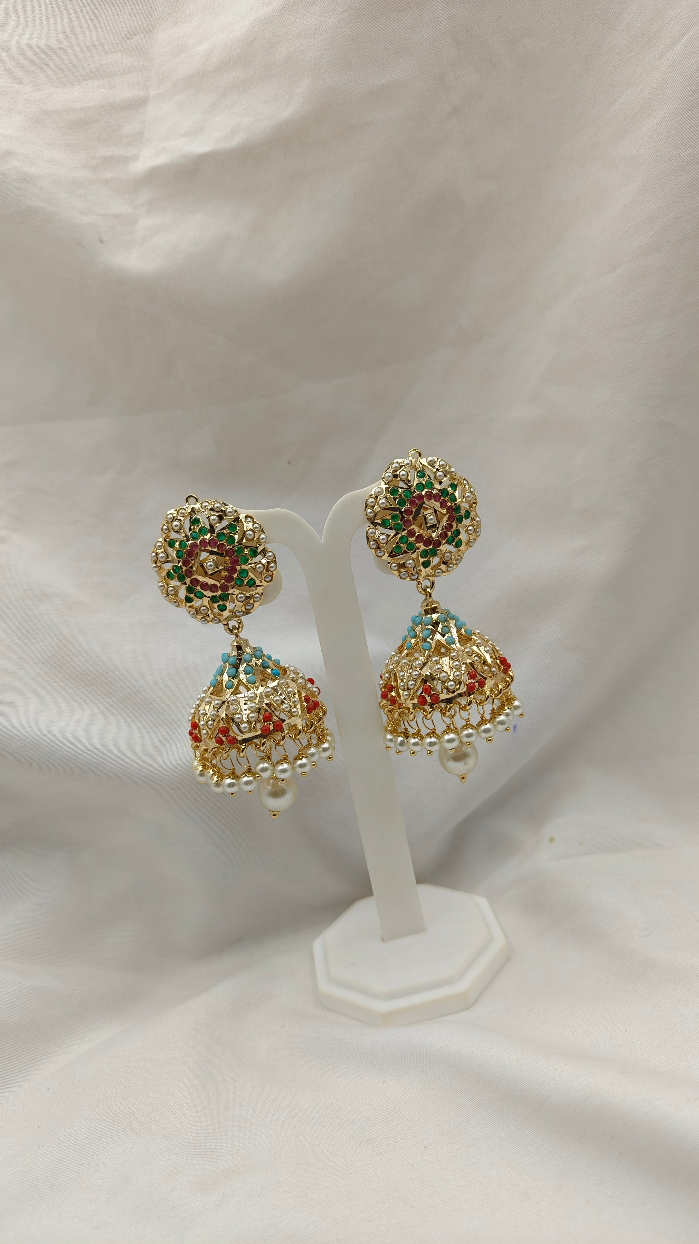 Multicolor Marvel Navratan Gold Polished Jhumka